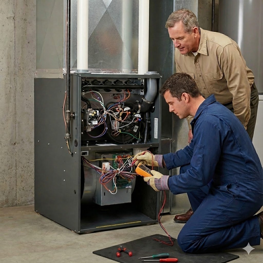 Two HVAC technicians inspecting and diagnosing a broken furnace or HVAC system in a basement or utility room.