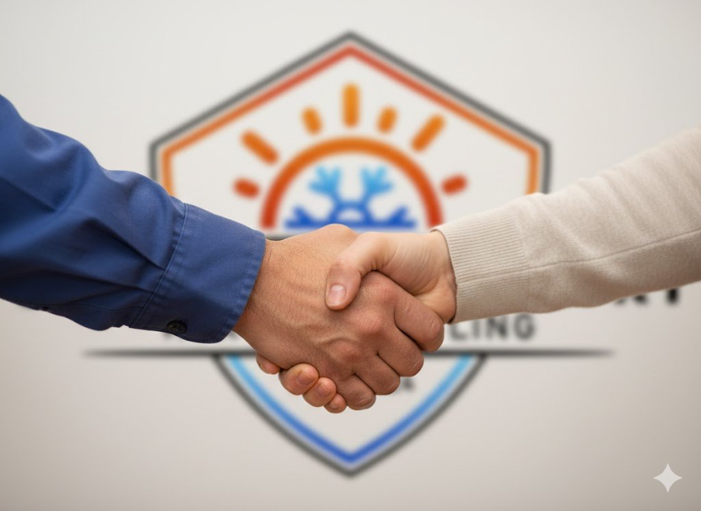 Two people shaking hands in front of a logo with a snowflake in the center, surrounded by orange and blue elements.