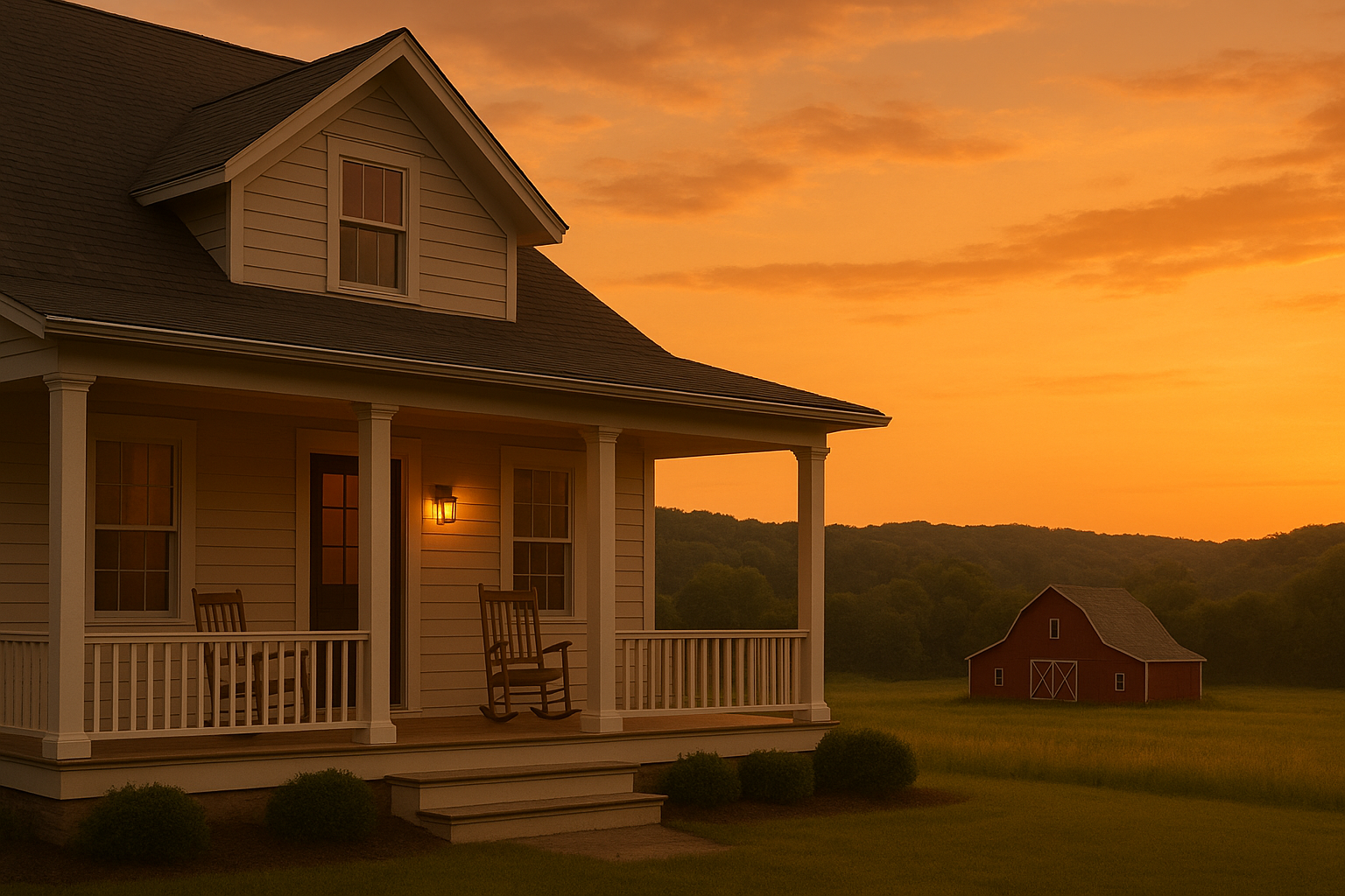 A house with a porch and rocking chairs at sunset, with a barn in the distance and a colorful sky.