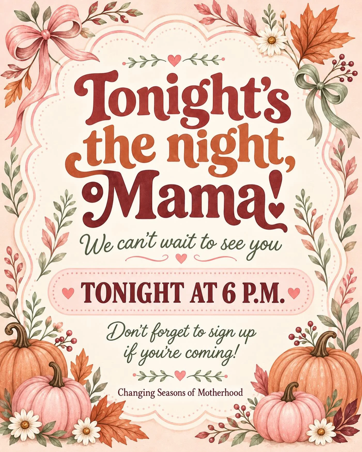 Tonight&rsquo;s the night, Mama! 🍂🤍

We can&rsquo;t wait to gather with you tonight at 6 p.m. for our free Mama Mental Health Support Group.

This month, we&rsquo;ll be talking about the Changing Seasons of Motherhood and finding support and steadi