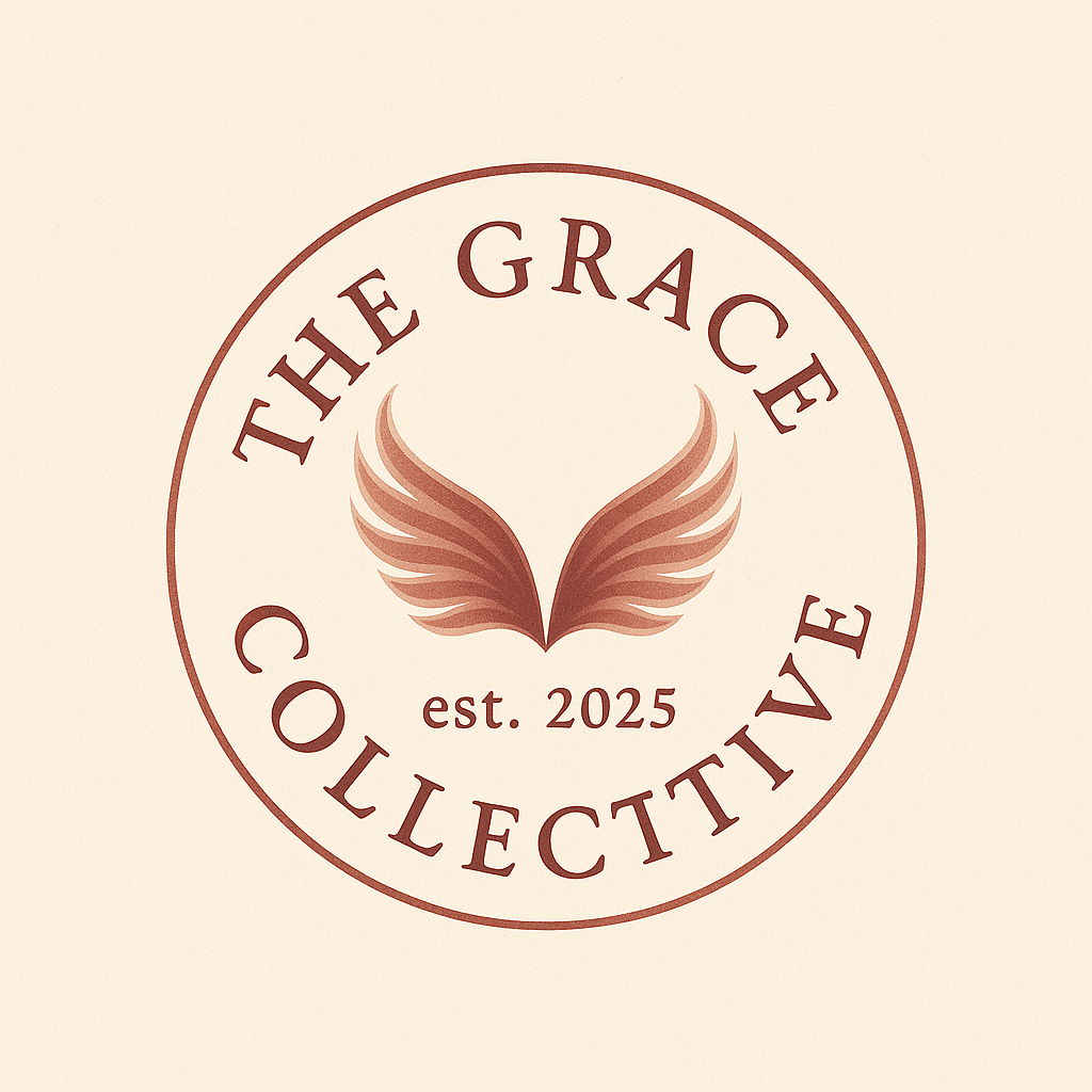 A circular logo with the text "The Grace Collective" surrounding a stylized pair of angel wings, and "est. 2025" below the wings, all on a beige background.