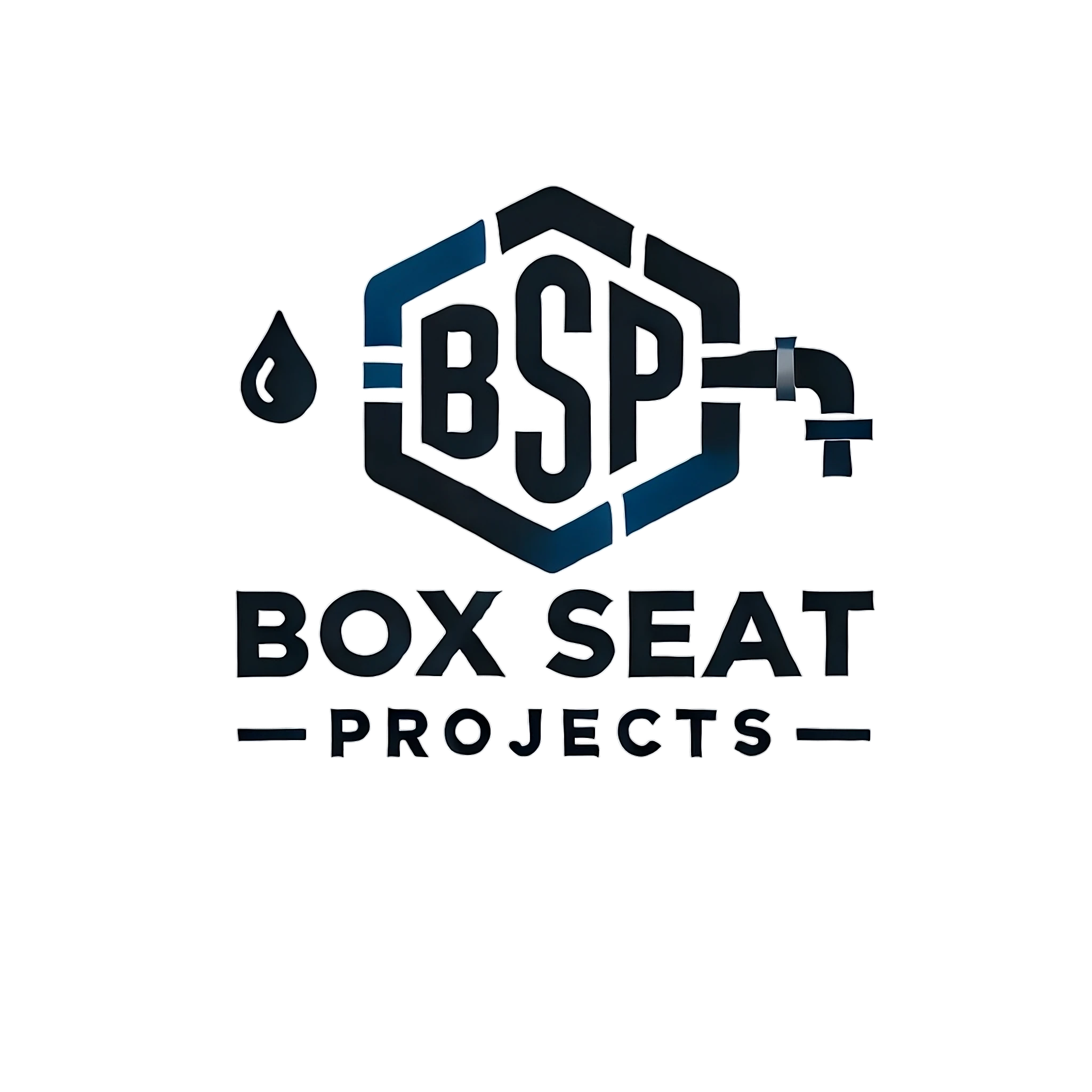 Logo with text "BSP Box Seat Projects" and graphics of a water droplet and a faucet in a hexagon shape.