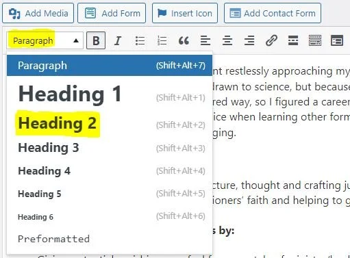Screenshot of a text editor with a dropdown menu showing different heading styles, highlighting 'Heading 2' in yellow.