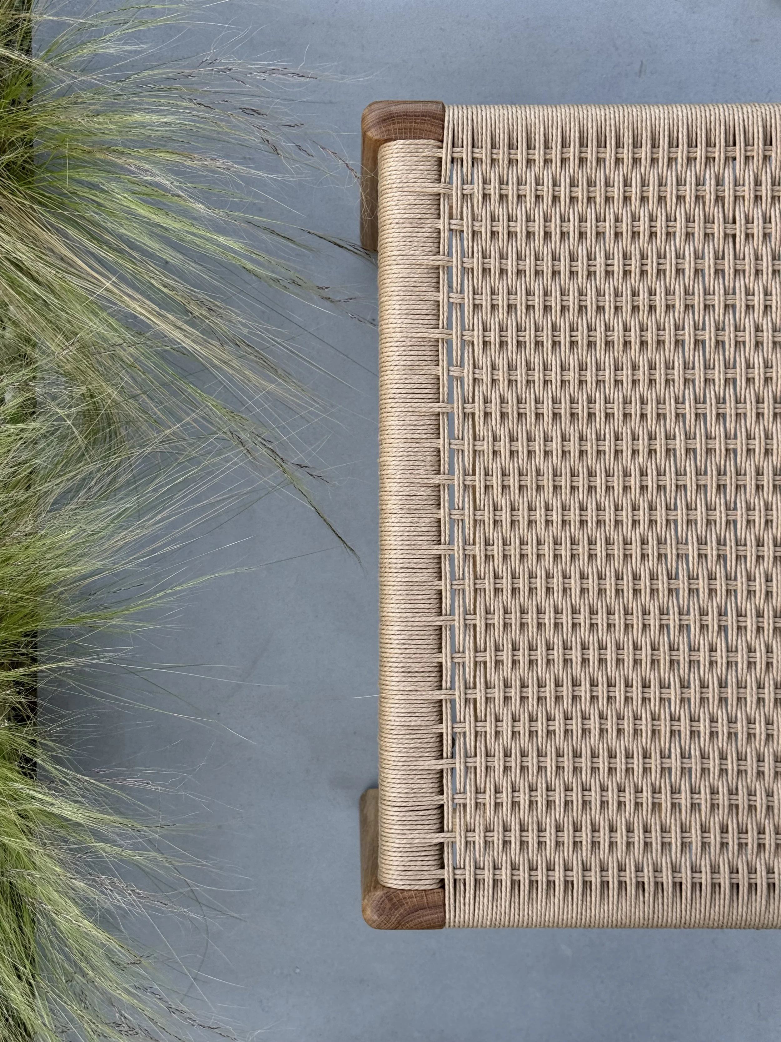 Vista superior de una mesa de madera con asiento de mimbre, junto a plantas con tallos largos y finos en un entorno exterior.