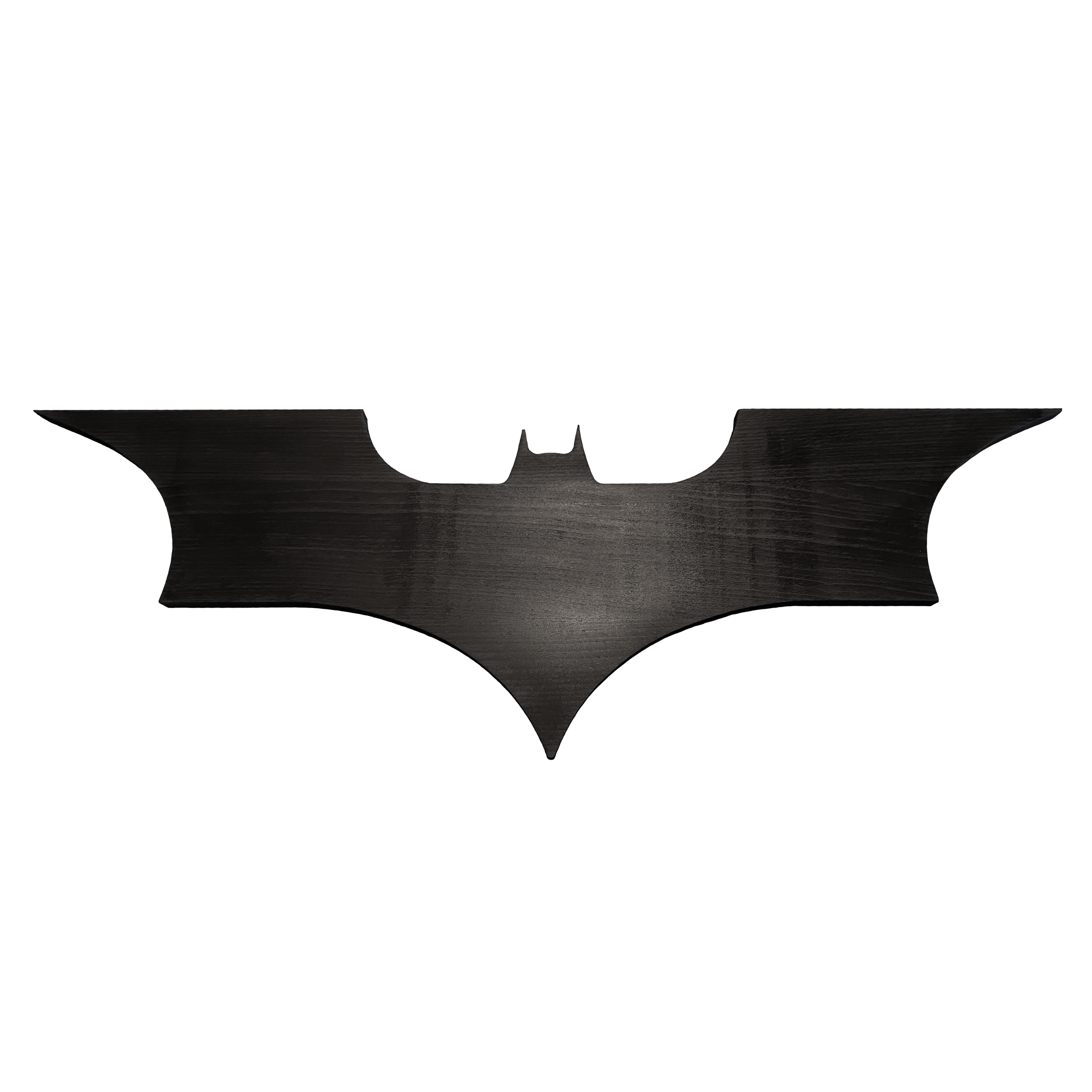 Forma de murciélago negra, emblemática de Batman, con textura de madera.