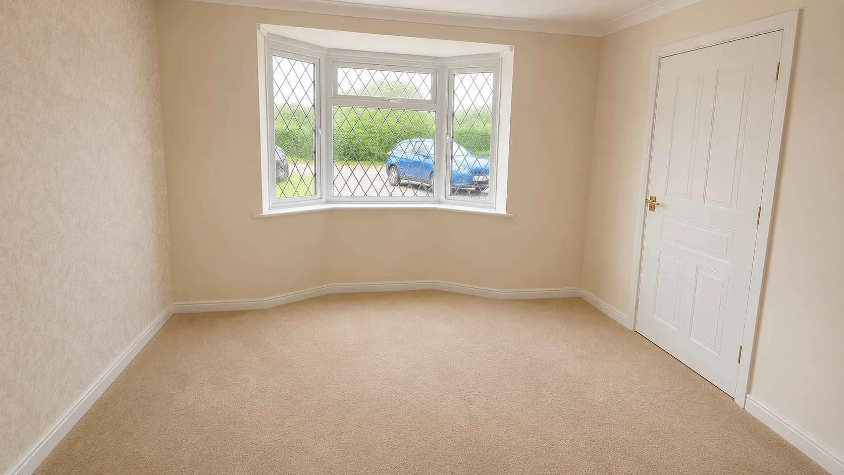 Empty room with a large bay window, beige carpet, and a closed white door.