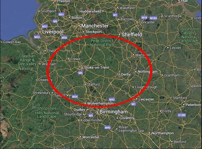 Map showcasing area of coverage including Staffordshire and Derbyshire
