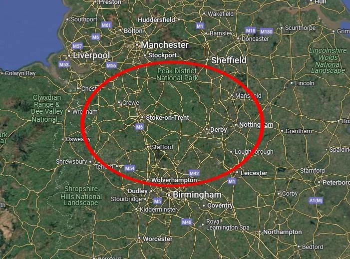 Probate and house clearance coverage map for Staffordshire and Derbyshire including Stoke-on-Trent, Stafford, Derby, Nottingham, and nearby areas