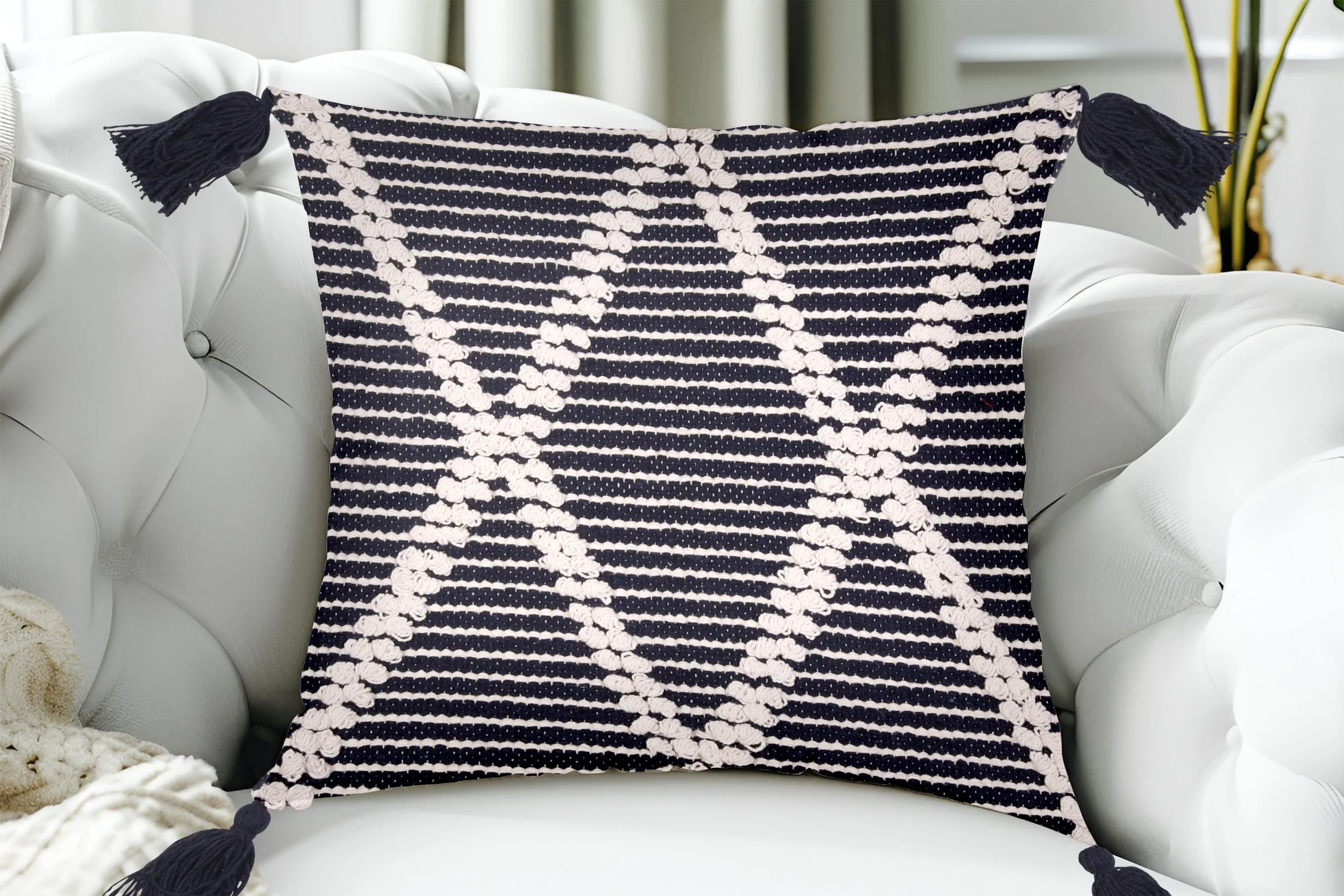 Boho Cotton Textured Cushion Cover - Dark Blue & White