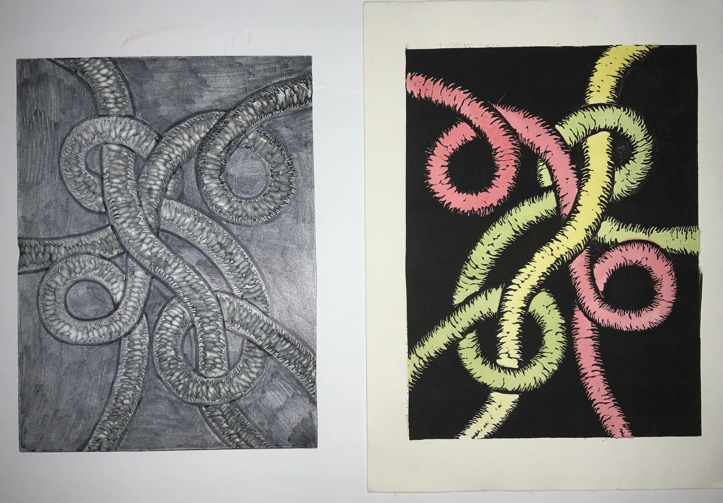 Abstract 1 (Carved Lino and colorized print)