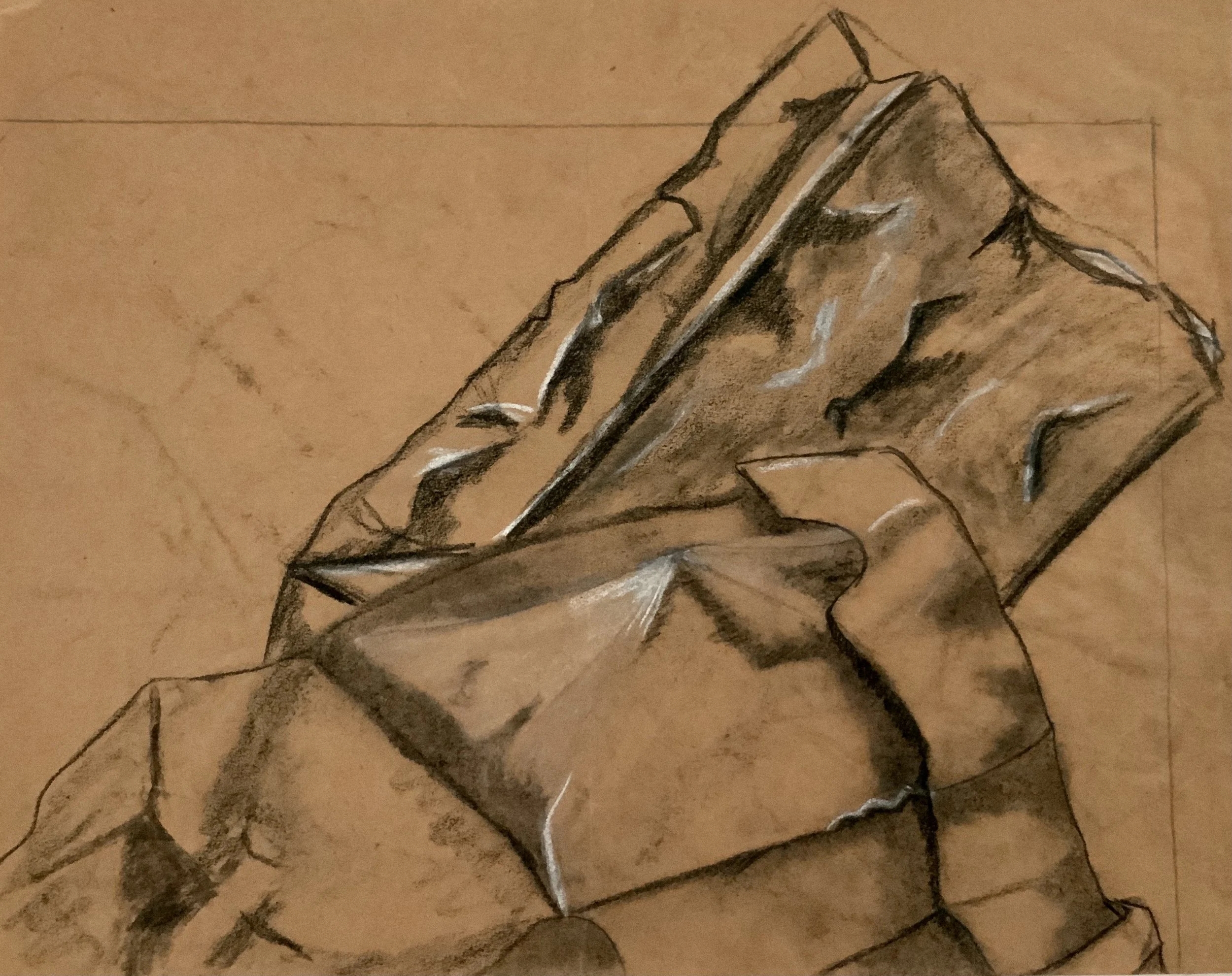 Paper Bag Study (Charcoal and soft pastel on tinted paper)