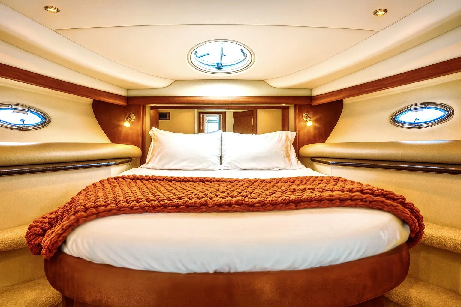Luxury bedroom with a round bed, white bedding, orange knitted blanket, beige walls, and wooden accents. Small oval windows are on each side and a ceiling clock is above. Wall-mounted lights illuminate the bed.