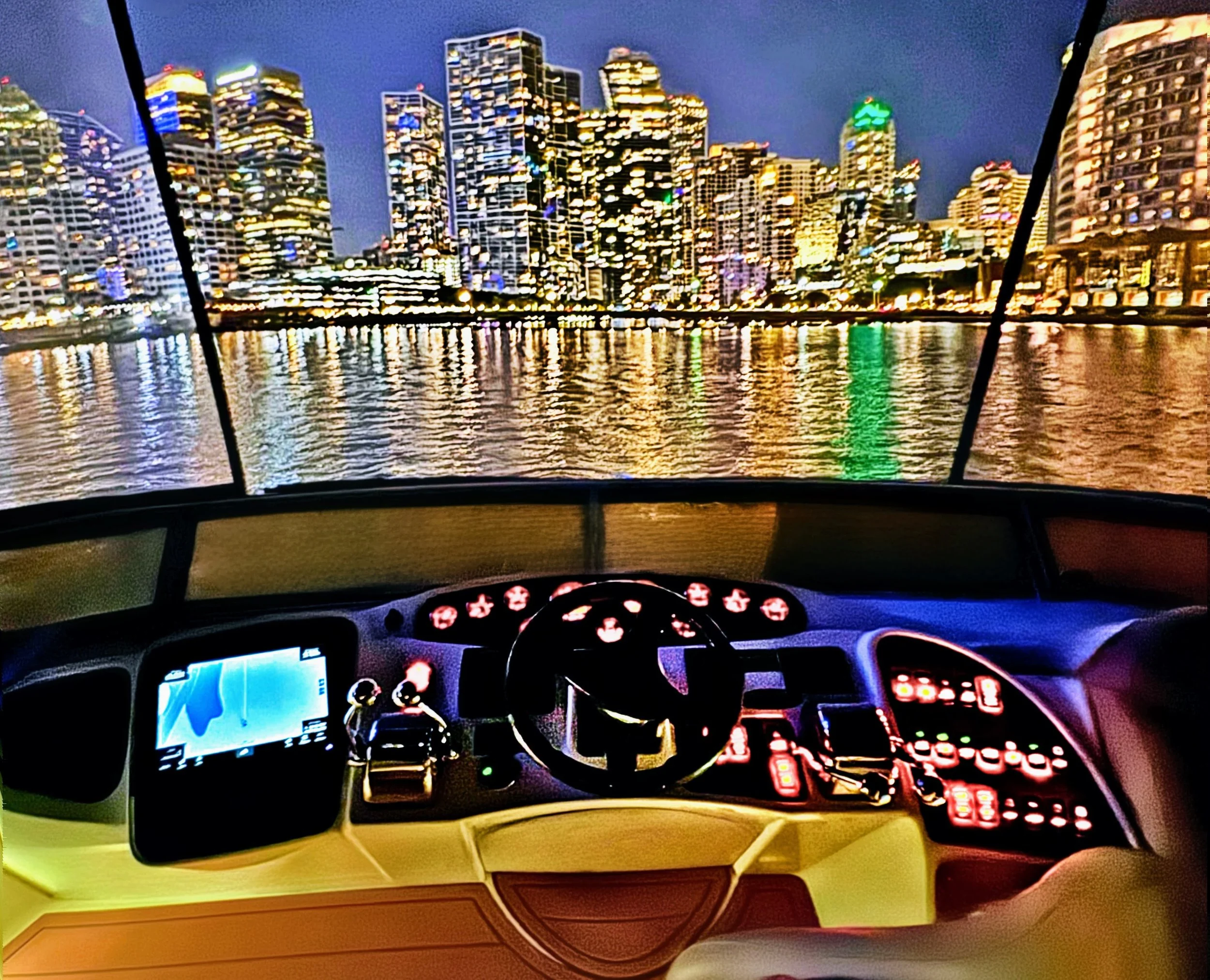 View from inside a boat's cabin with illuminated city skyline across water at night, showing tall buildings with colorful lights and reflections on the water.
