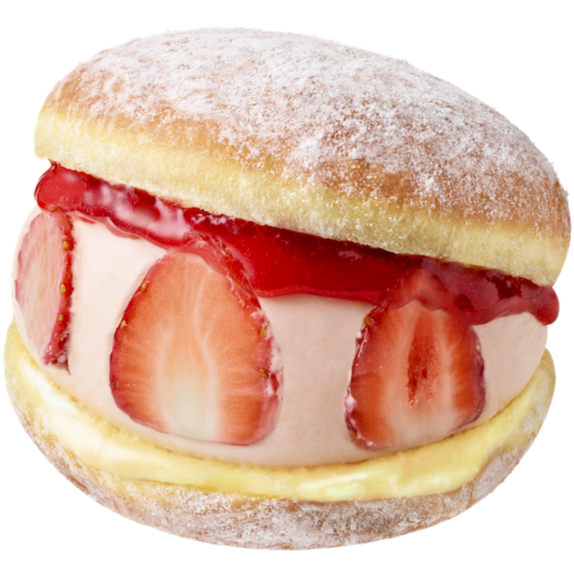 Fresh Strawberry Milk Cream donut filled with strawberry cream and fresh strawberry slices, topped with strawberry jam