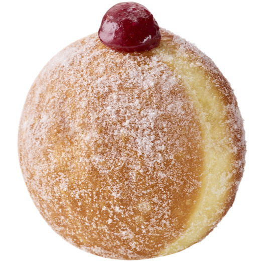 Raspberry donut coated in powdered sugar and filled with raspberry jam