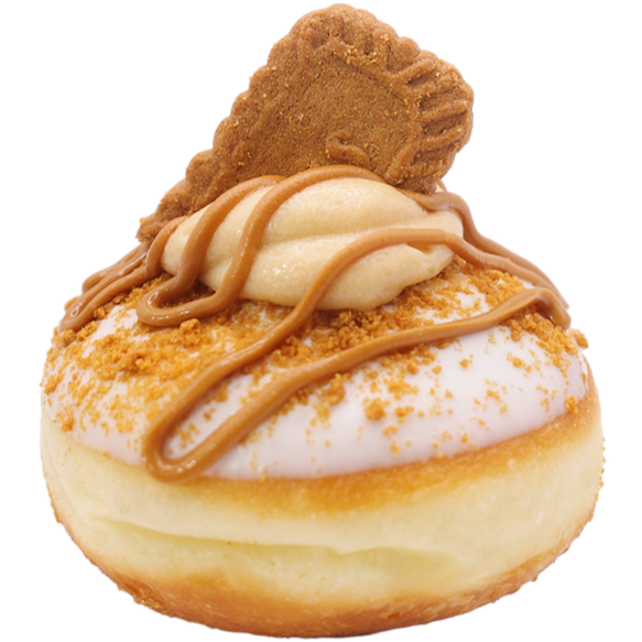 Biscoff donut topped with whipped cream, cookie crumble, and a whole Biscoff biscuit