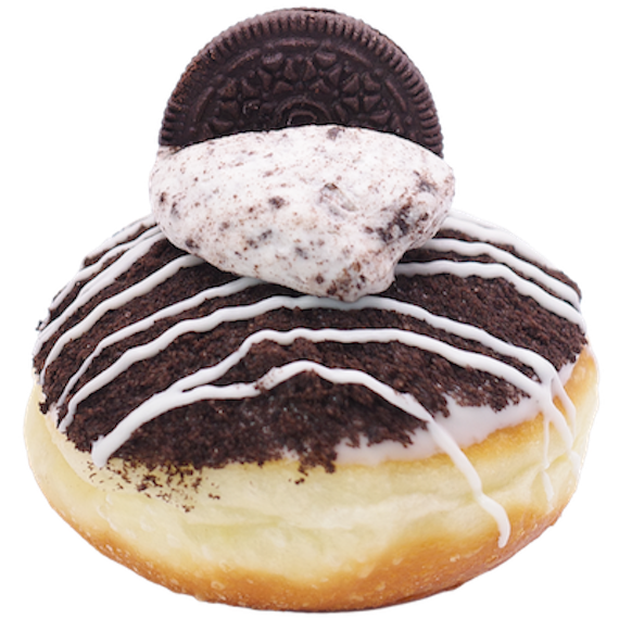 Cookies & Cream donut topped with crushed chocolate cookies, white icing drizzle, and a cookies-and-cream cream dollop with an Oreo piece
