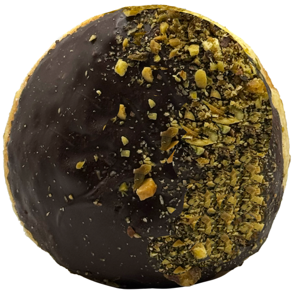 Dubai Chocolate donut coated in glossy chocolate glaze and finished with chopped pistachios