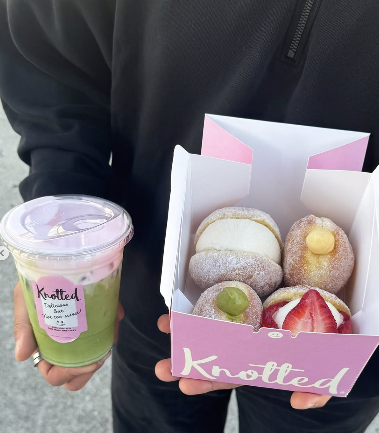 Cafe Knotted's donuts: Signature Milk Cream, Vanilla, Matcha, and Fresh Strawberry Milk Cream with signature Cream Top Latte.