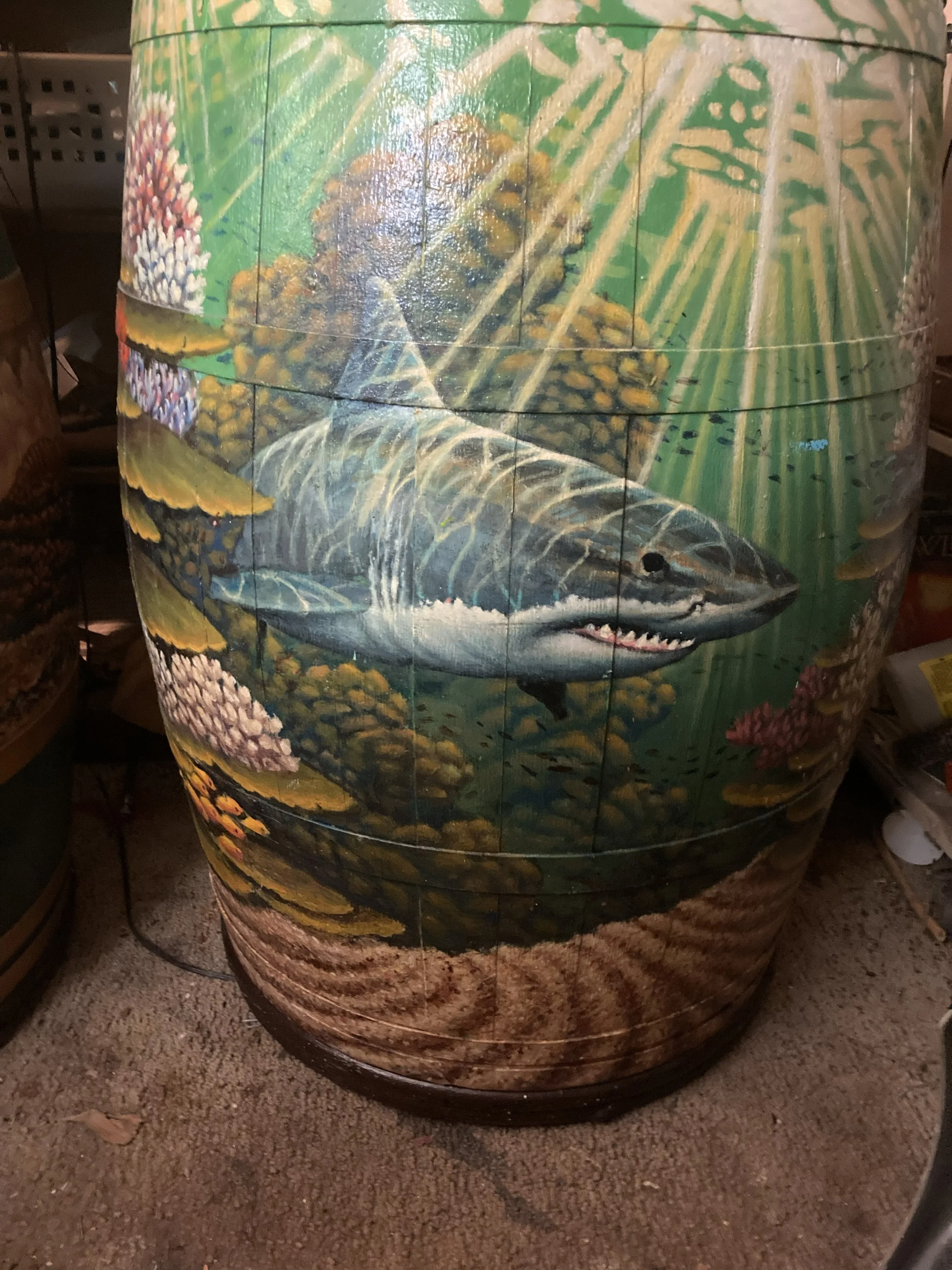 Detail of Shark Barrel, 2021, 70lbs wine barrel, private collection