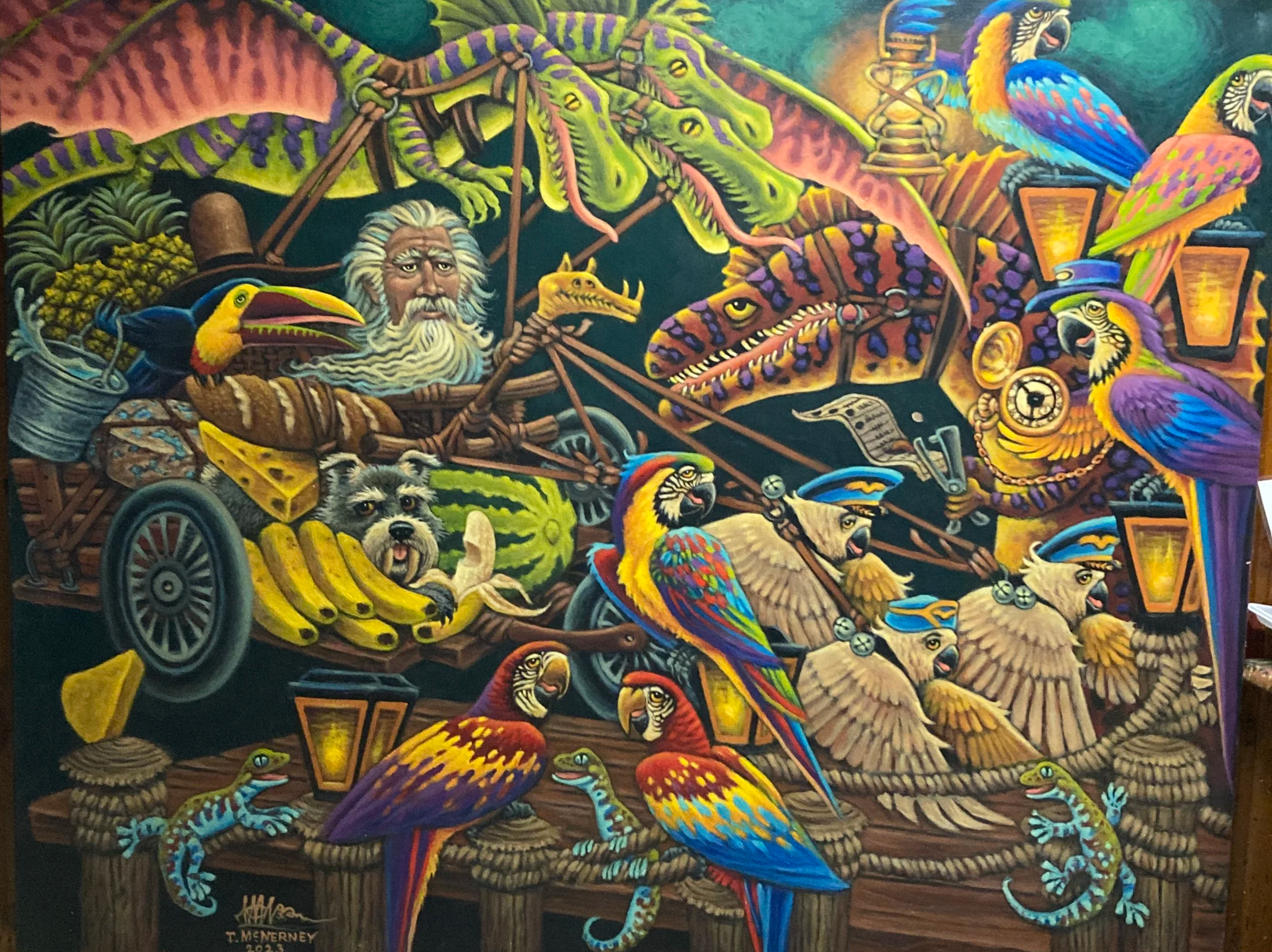 Colorful fantasy scene with animals, humans, and mythical creatures riding a chariot made of wood, surrounded by parrots, lizards, and reptiles, with lanterns and jungle foliage in the background.