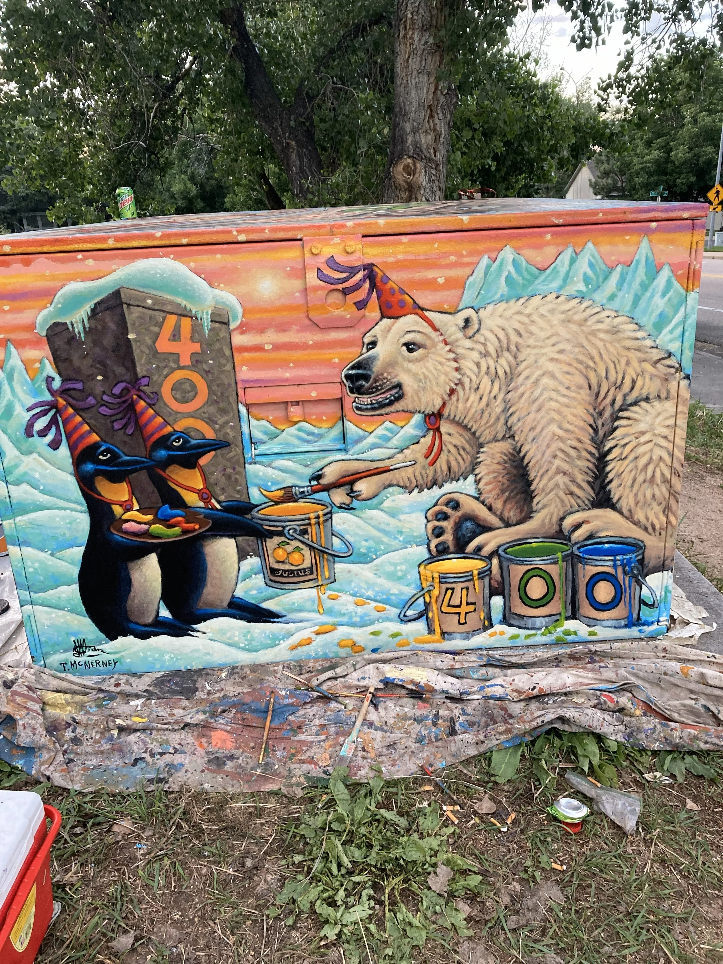 South side detail of 400th Transformer, 2023, exterior paint on metal box transformer, painted all 4 sides and top 6' x 4', commissioned by City of Fort Collins Art in Public Places