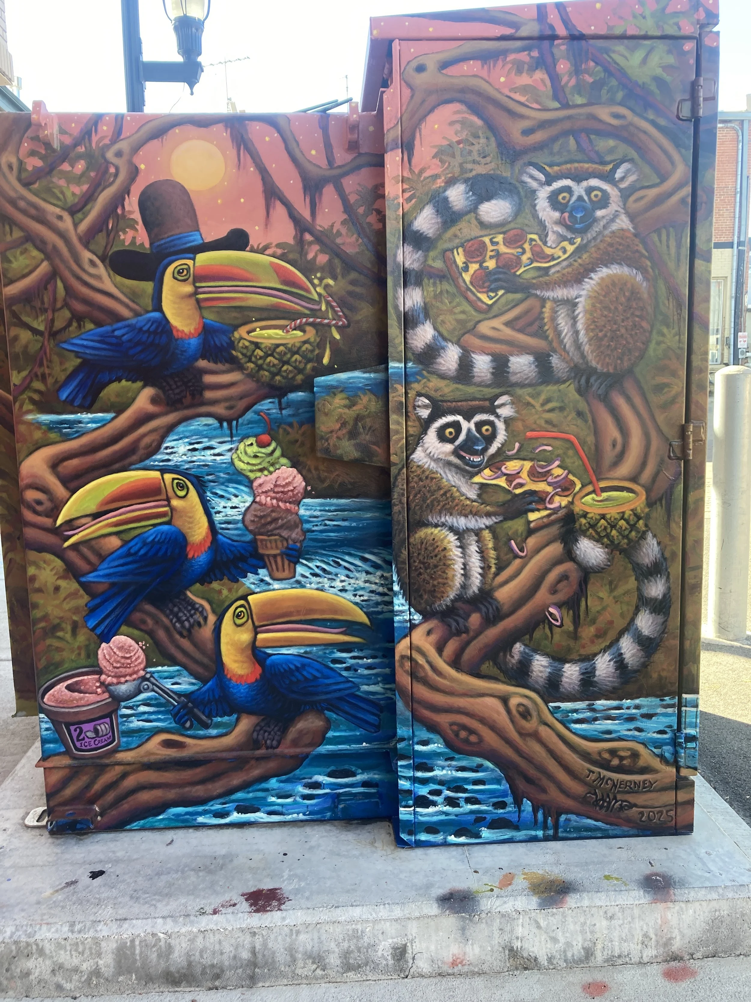 Detail of Parrot Party, 2025, exterior paint on metal transformer, painted all 4 sides 5' x 6', located in Old Town Fort Collins, commissioned by the City of Fort Collins Art in Public Places