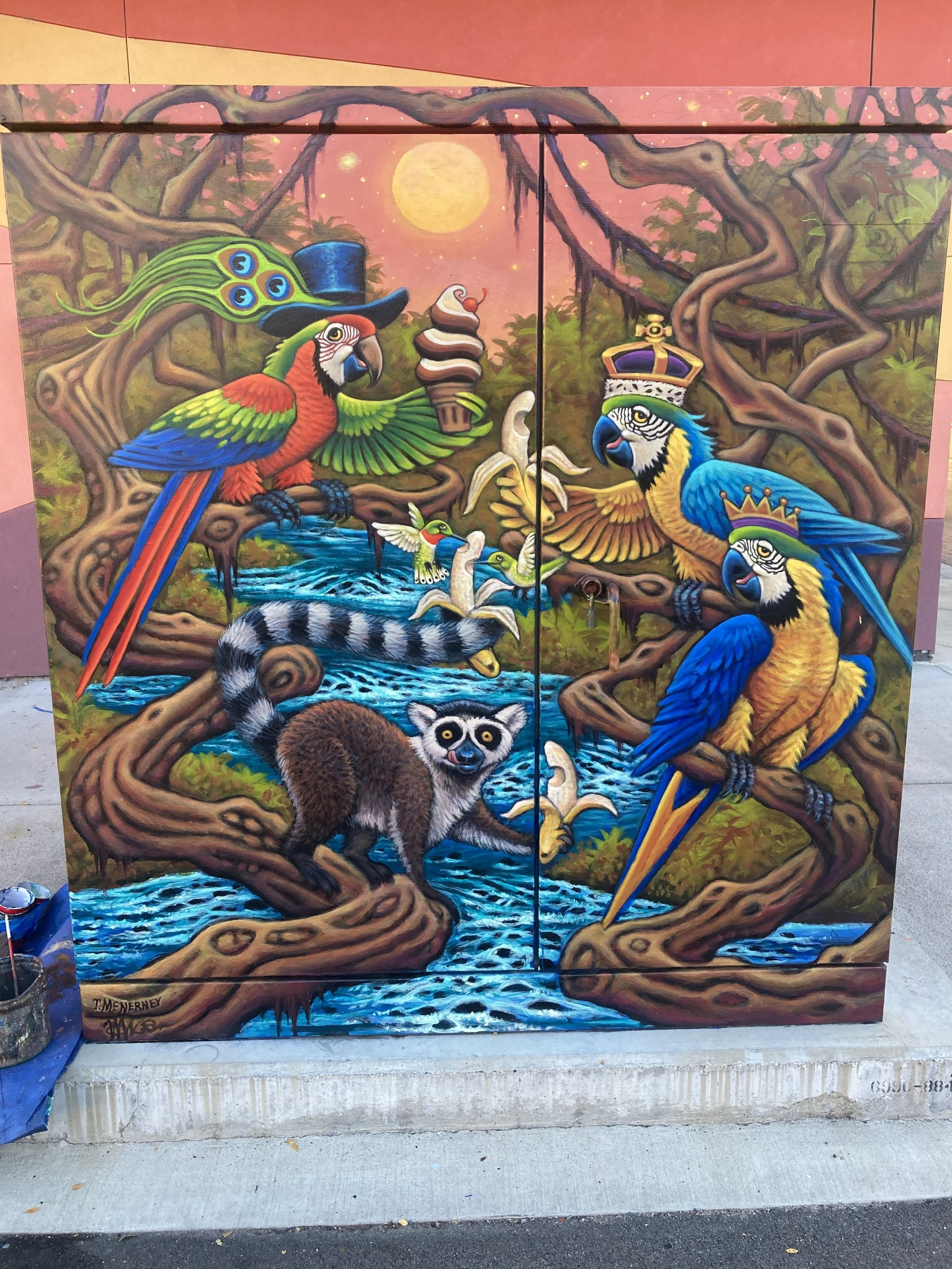 Detail of Parrot Party, 2025, exterior paint on metal transformer, painted all 4 sides 5' x 6', located in Old Town Fort Collins, commissioned by the City of Fort Collins Art in Public Places