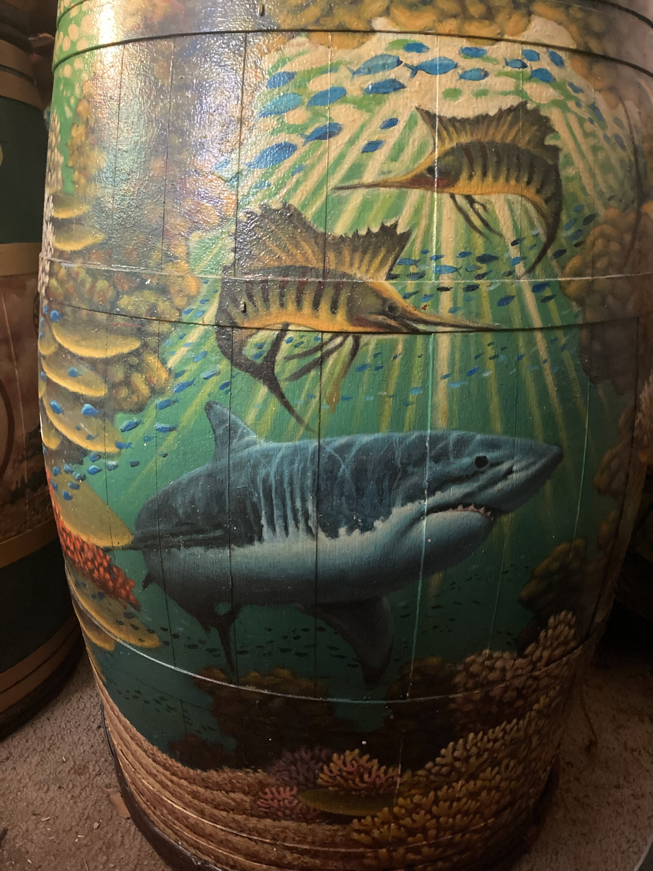 Detail of Shark Barrel, 2021, 70lbs wine barrel, private collection