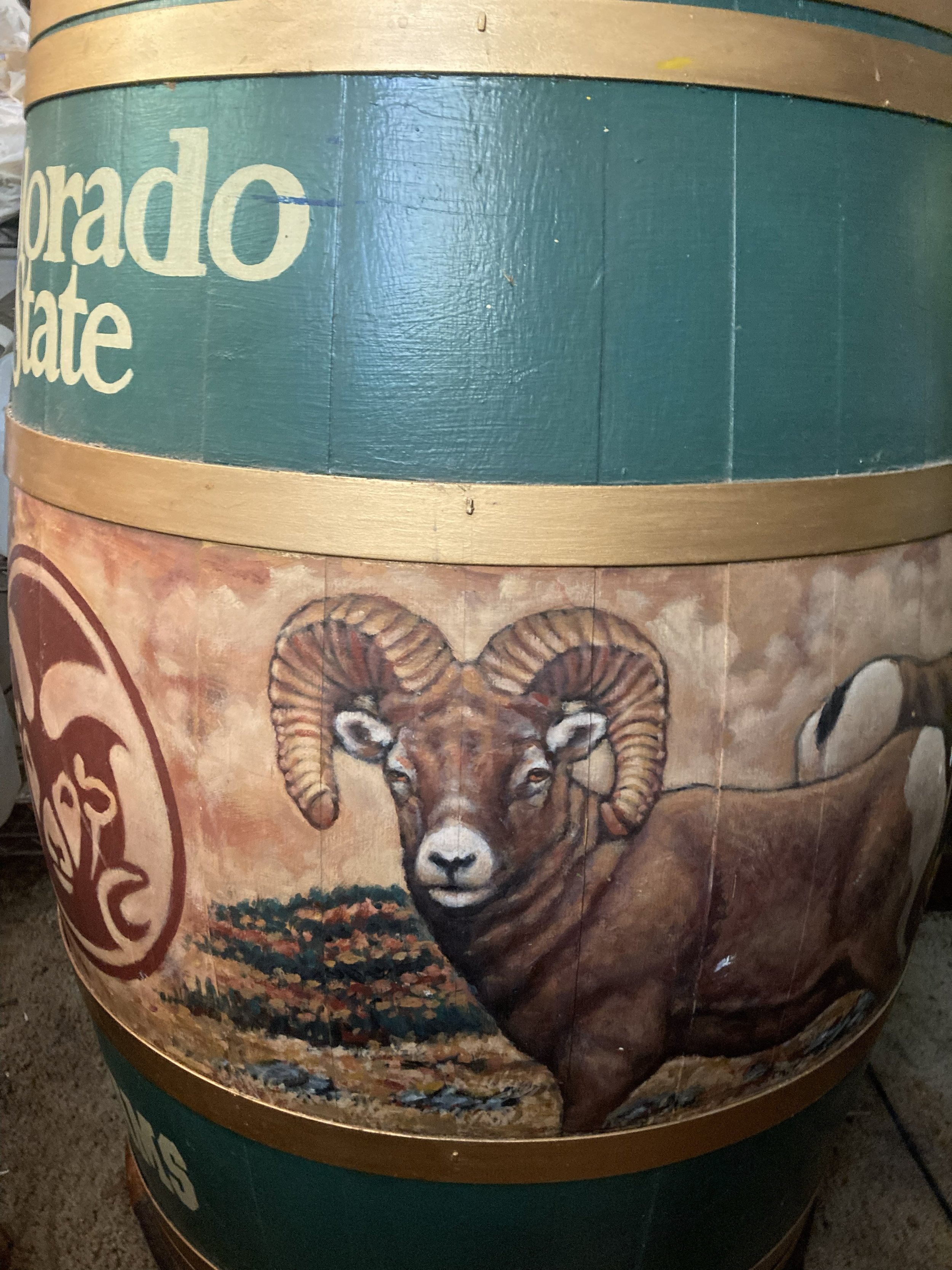Ram on Barrel, 2020, exterior paint on 70lb wooden barrel, commissioned by CSU Ram Good Time Auction 