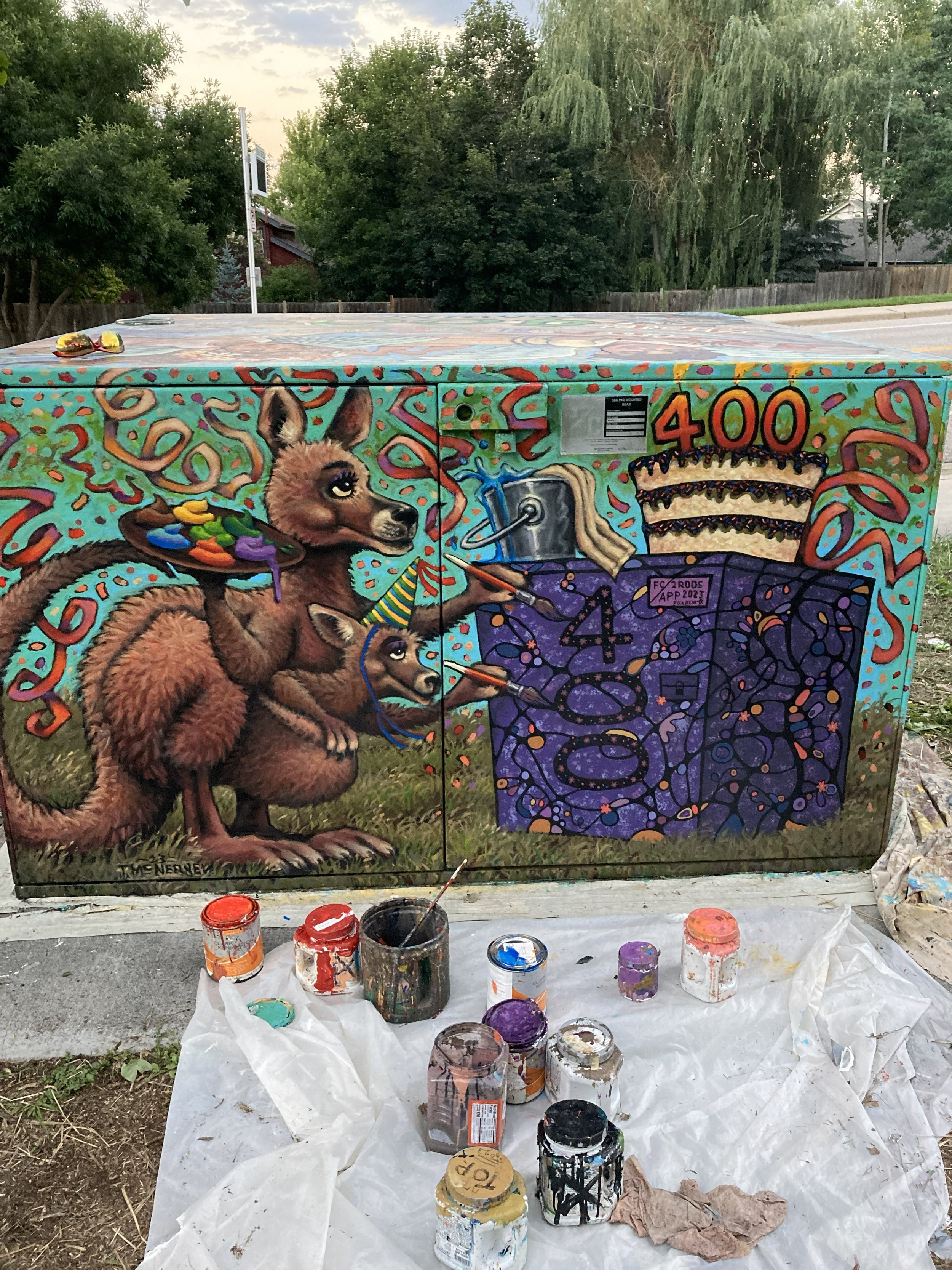 East side detail of 400th Transformer, 2023, exterior paint on metal box transformer, painted all 4 sides and top 6' x 4', commissioned by City of Fort Collins Art in Public Places