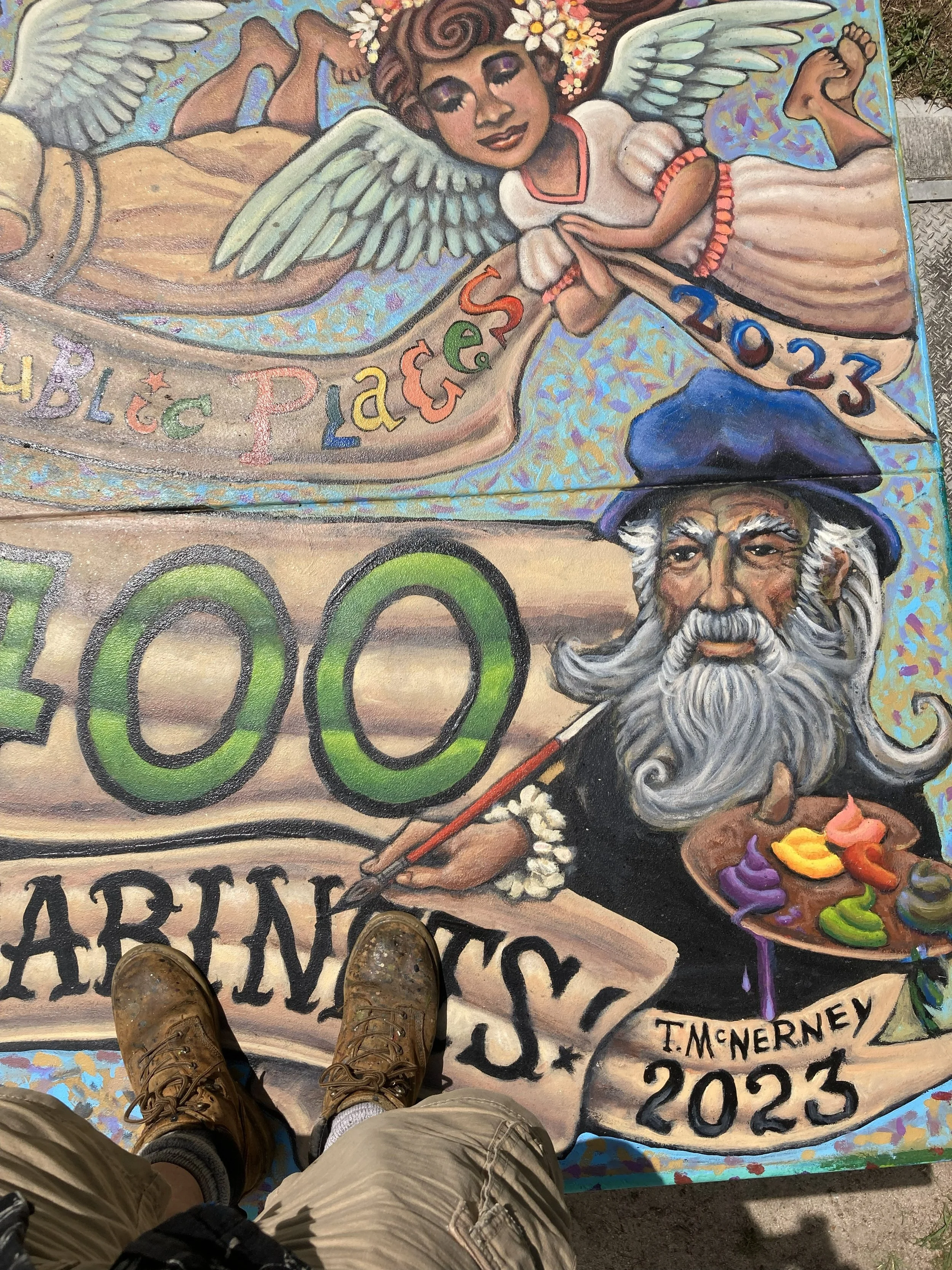 Top side detail of 400th Transformer, 2023, exterior paint on metal box transformer, painted all 4 sides and top 6' x 4', commissioned by City of Fort Collins Art in Public Places