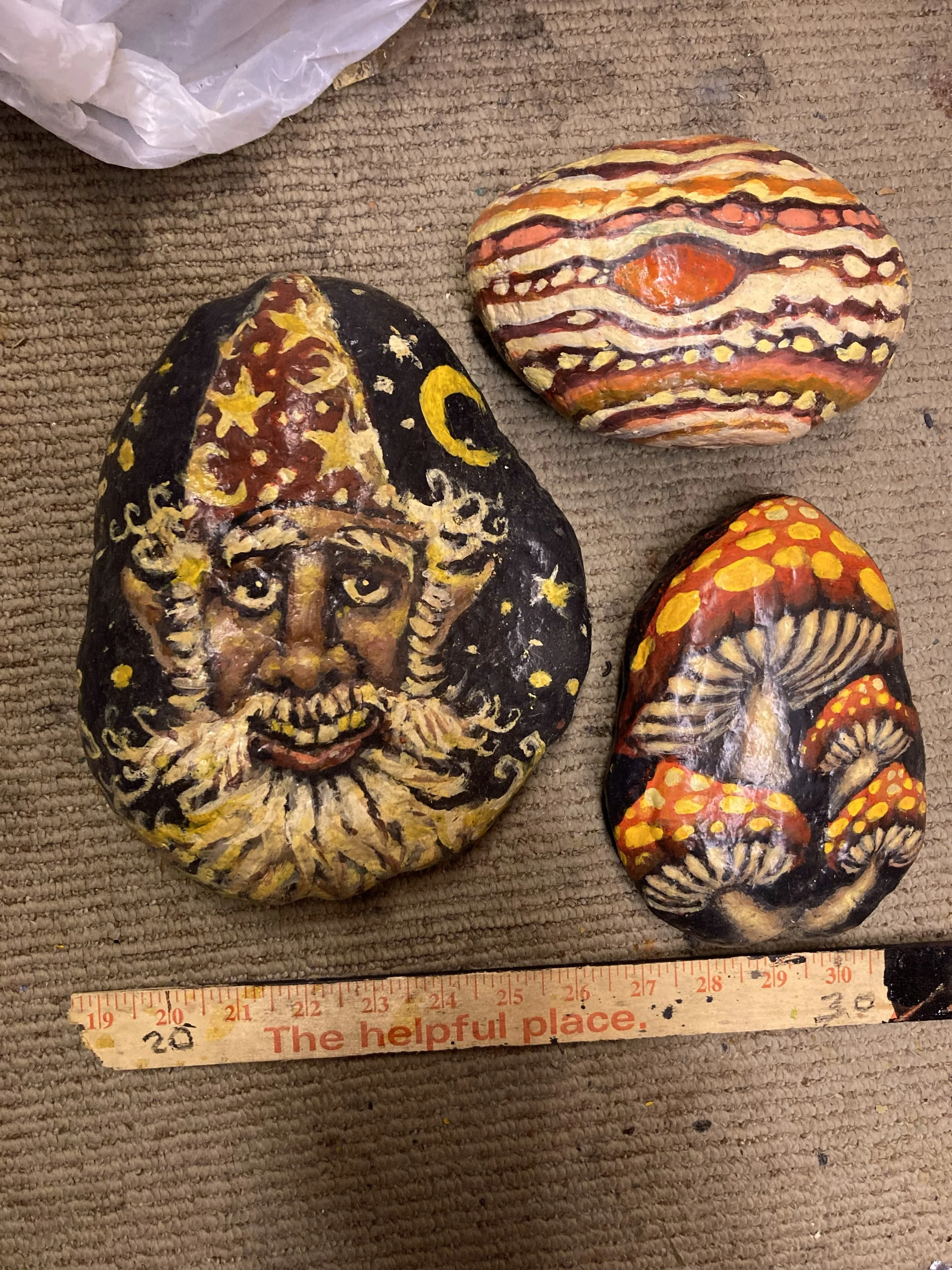 Painted rocks, 2026, exterior paint on found and polished rocks, private collection 