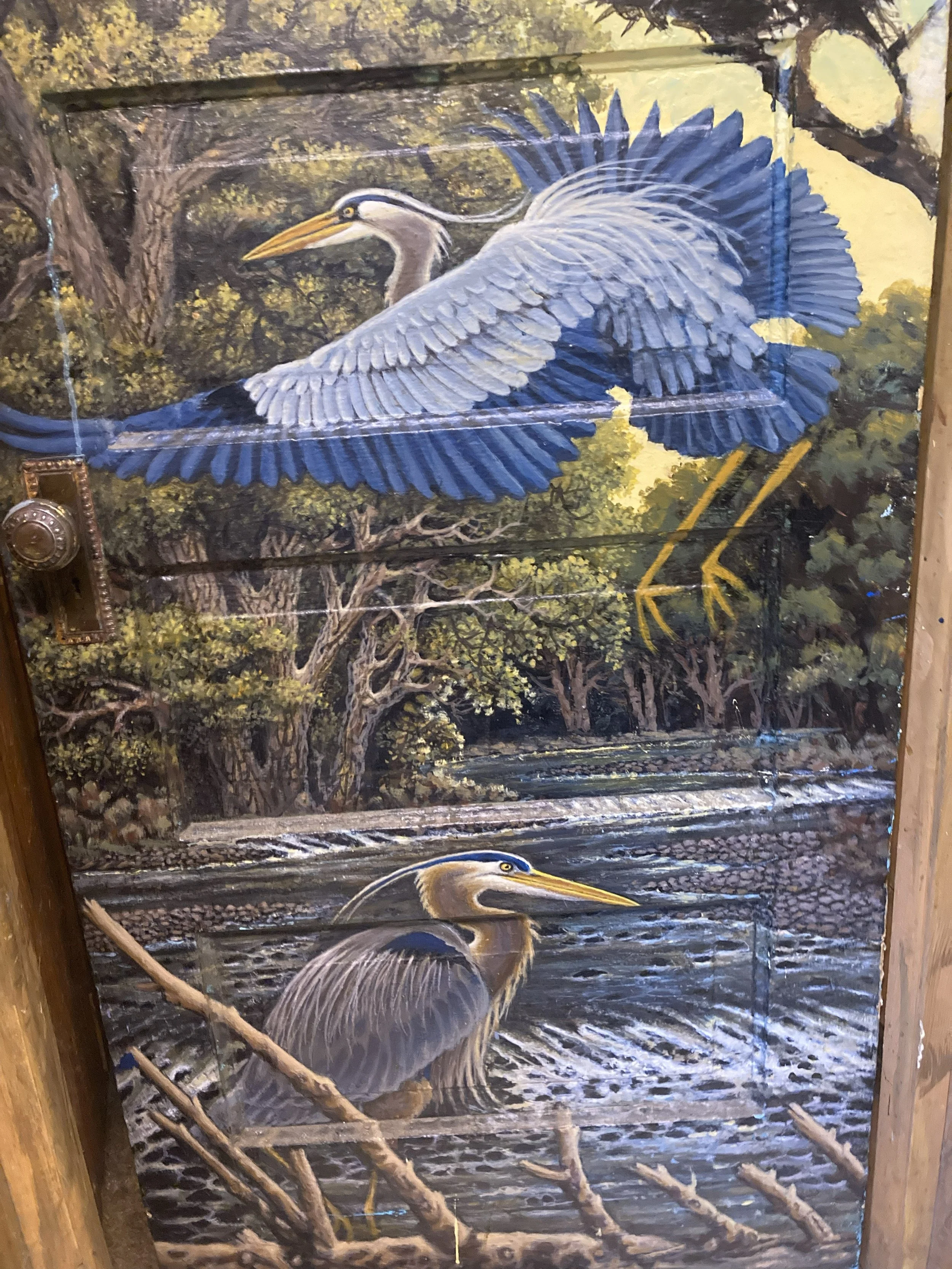 Heron on House Door, 2019, exterior acrylic paint on antique wooden door, 2.5' x 7', private collection