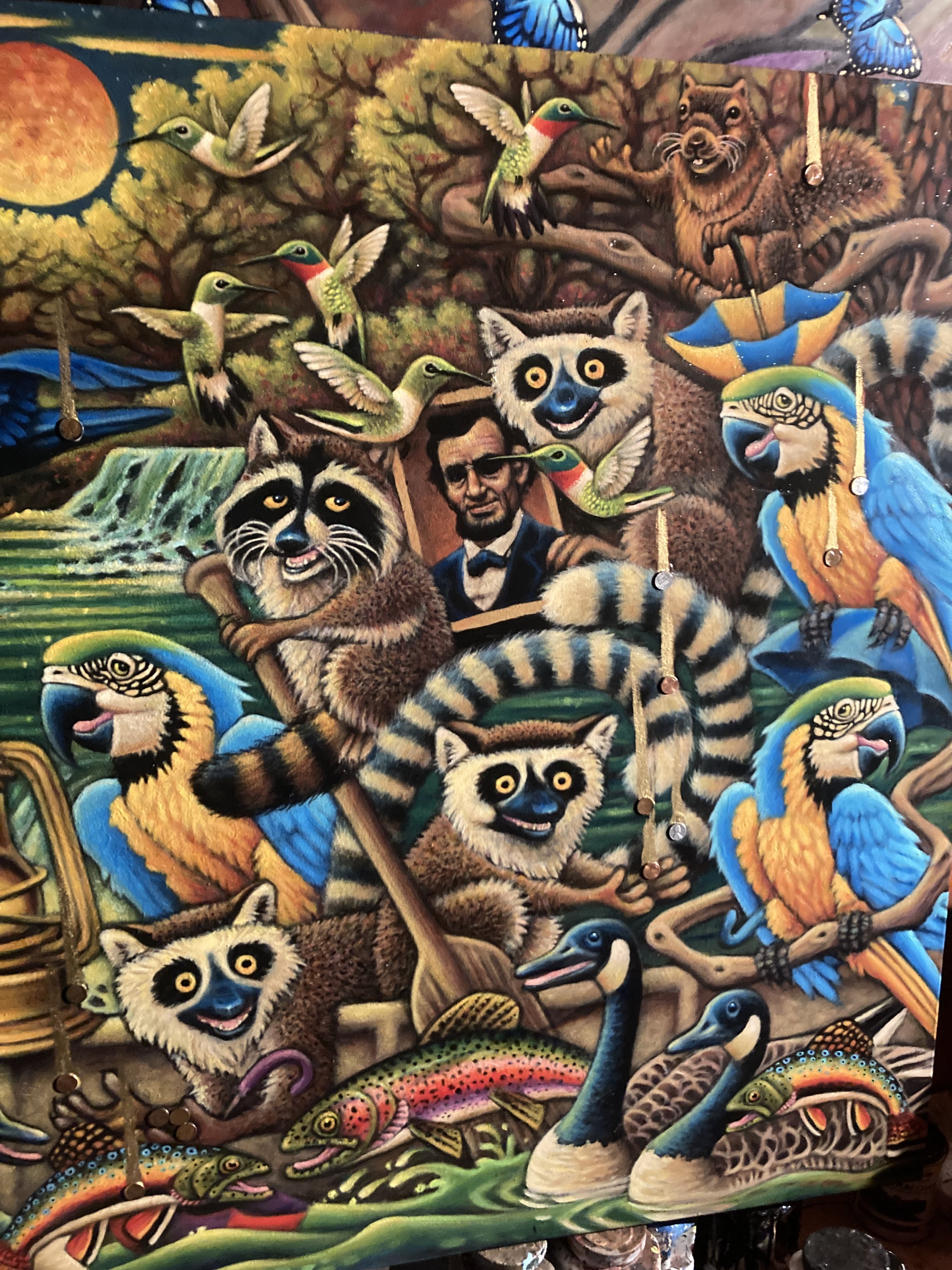 Lincoln and Macaws (2026) acrylic on canvas