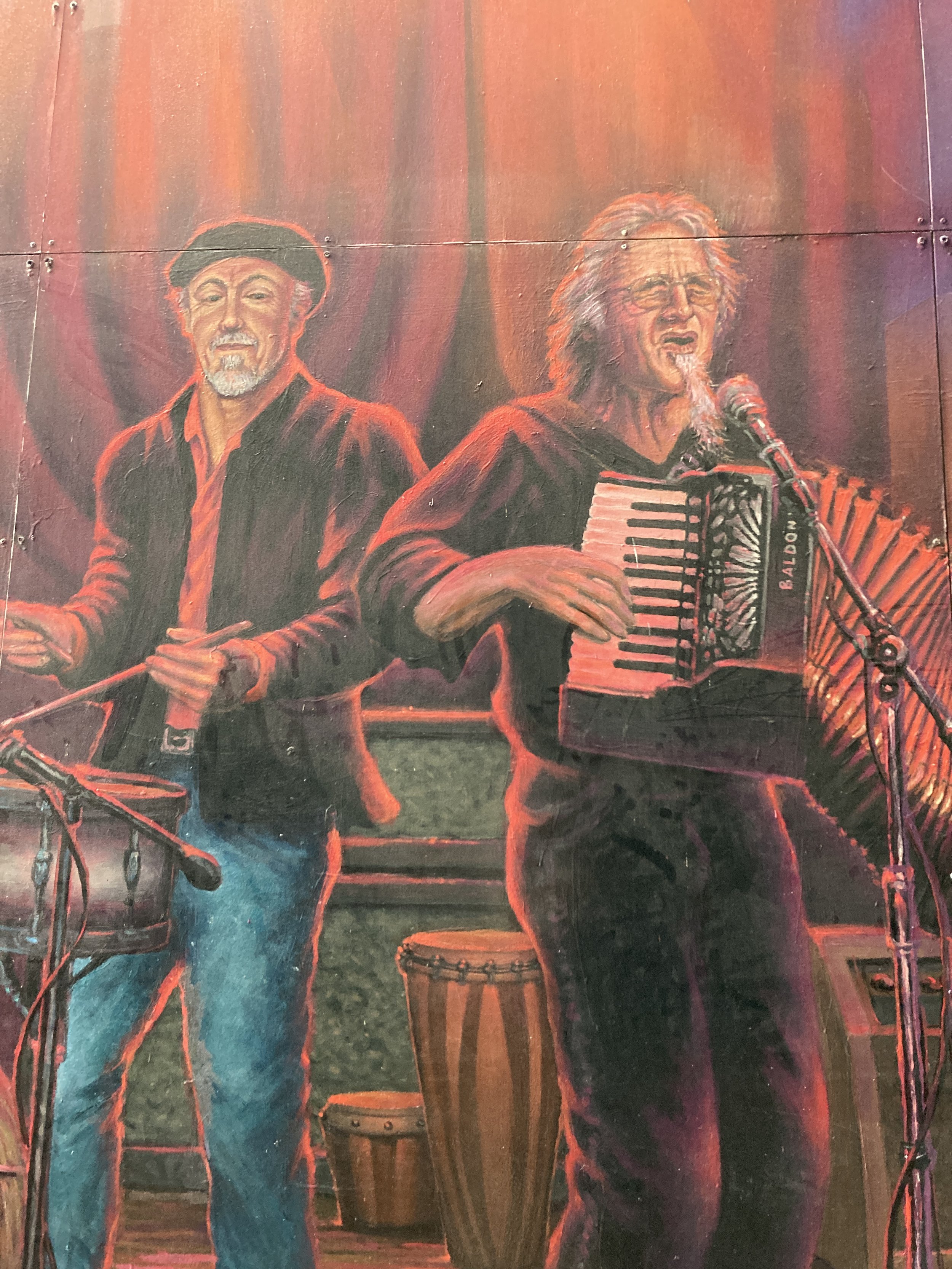 Detail of Jazz Alley, 2013, exterior paint on aluminum panel, full size of mural 20' x 60', located in Old Town Fort Collins, commissioned by Bohemian Co. 