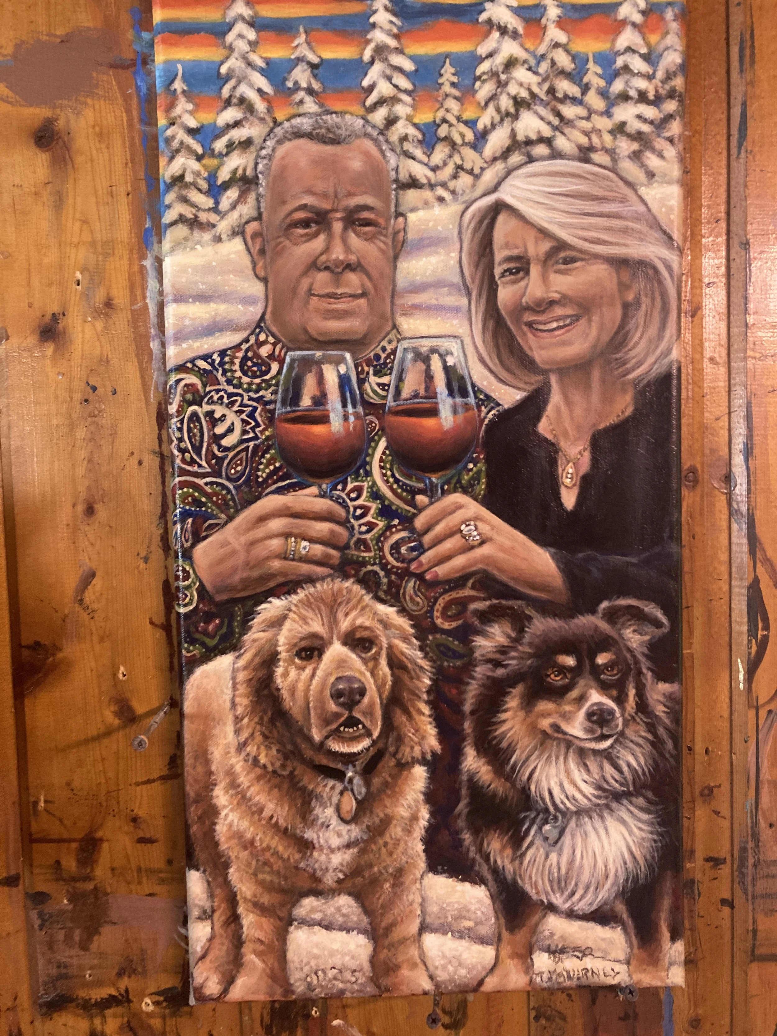 Tim, Jody & pups, 2024, 18" x 24", acrylic paint on panel, private collection