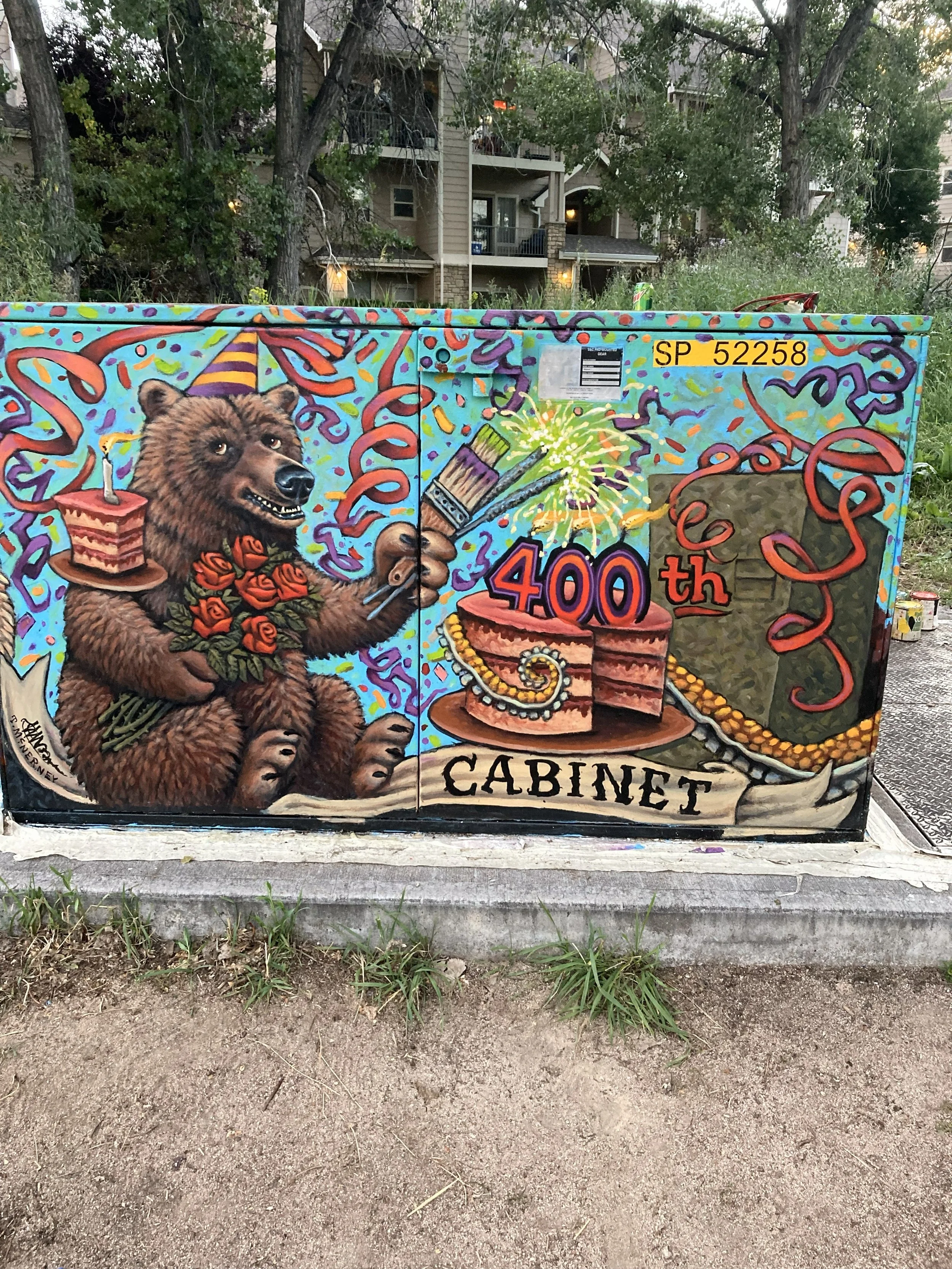 400th Transformer, 2023, exterior paint on metal box transformer, painted all 4 sides and top 6' x 4', commissioned by City of Fort Collins Art in Public Places