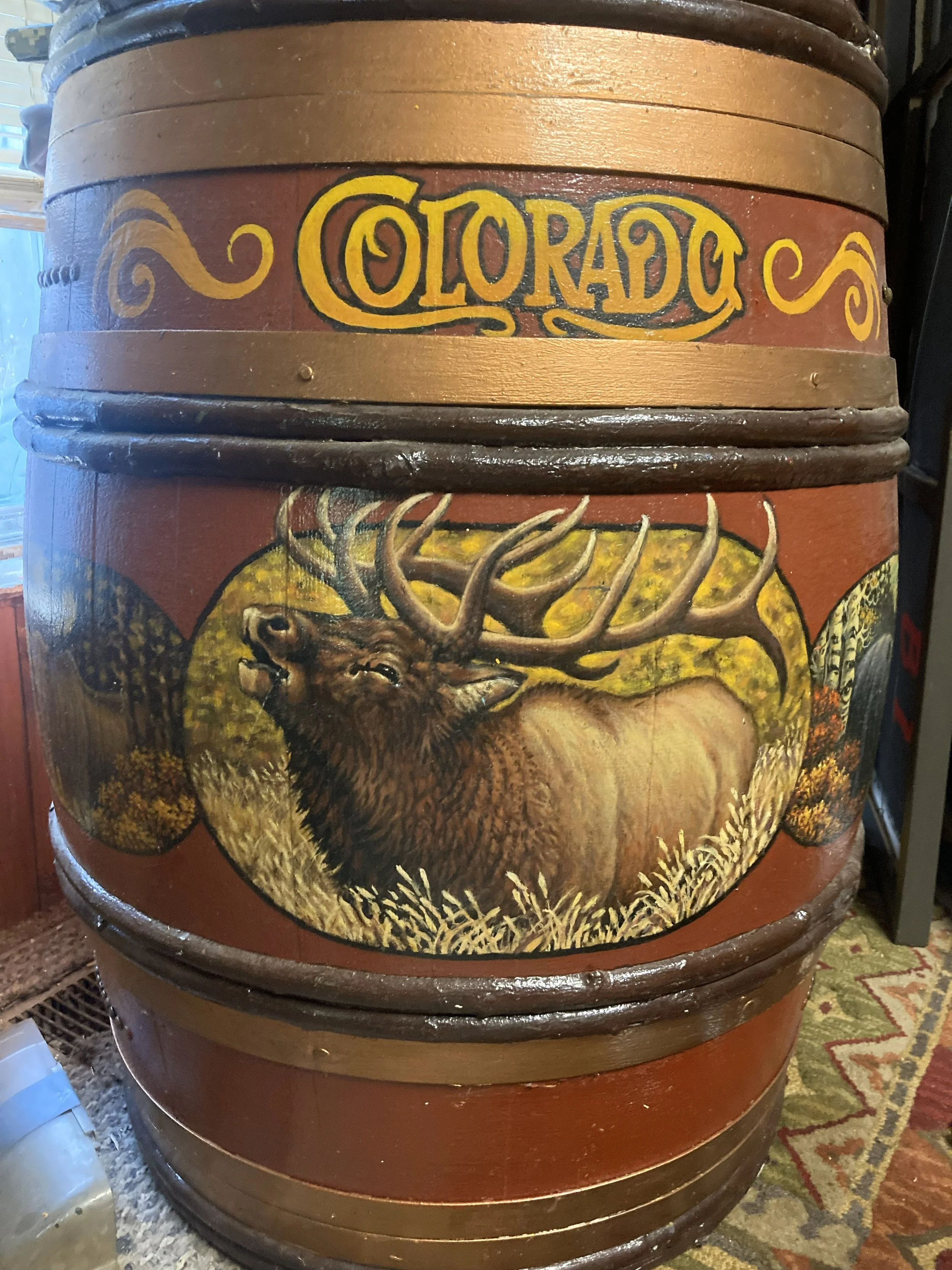 Elk Barrel, 2020, exterior acrylic paint on wooden barrel, 3' x 4', private collection