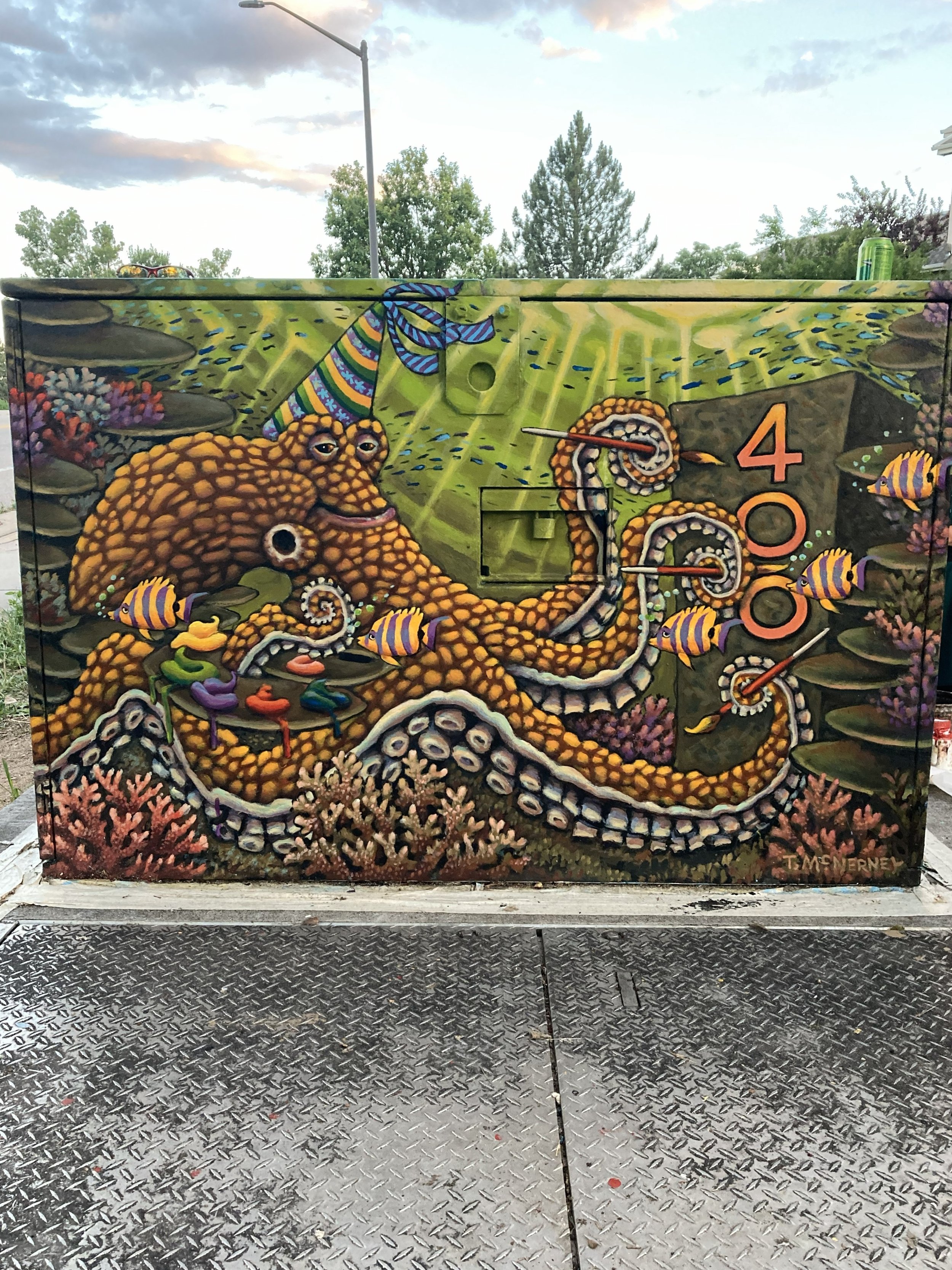 North side detail of 400th Transformer, 2023, exterior paint on metal box transformer, painted all 4 sides and top 6' x 4', commissioned by City of Fort Collins Art in Public Places