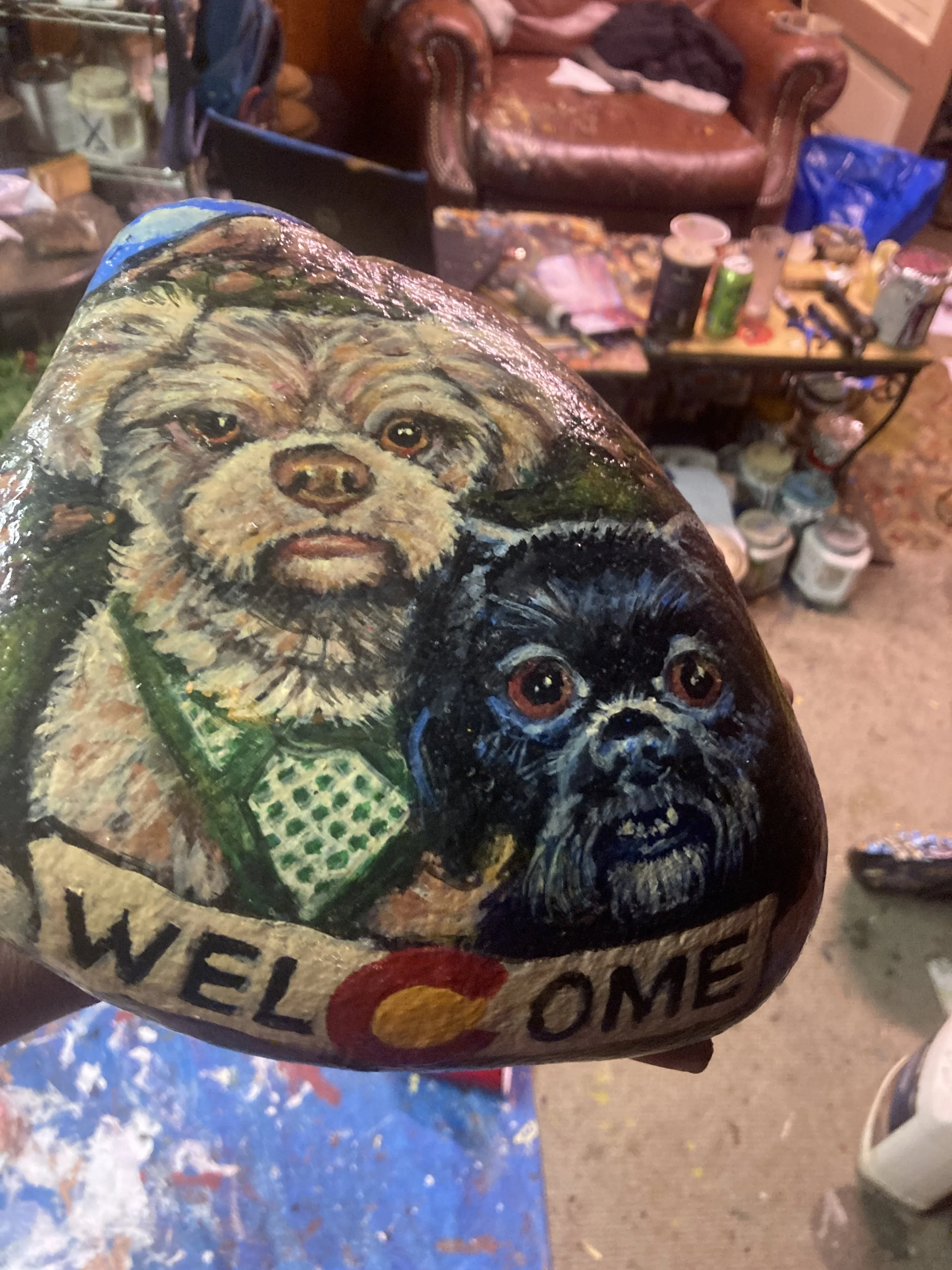 Personalized Pet Portrait on Rock, 2025, exterior acrylic paint on found and polished rock, private collection 
