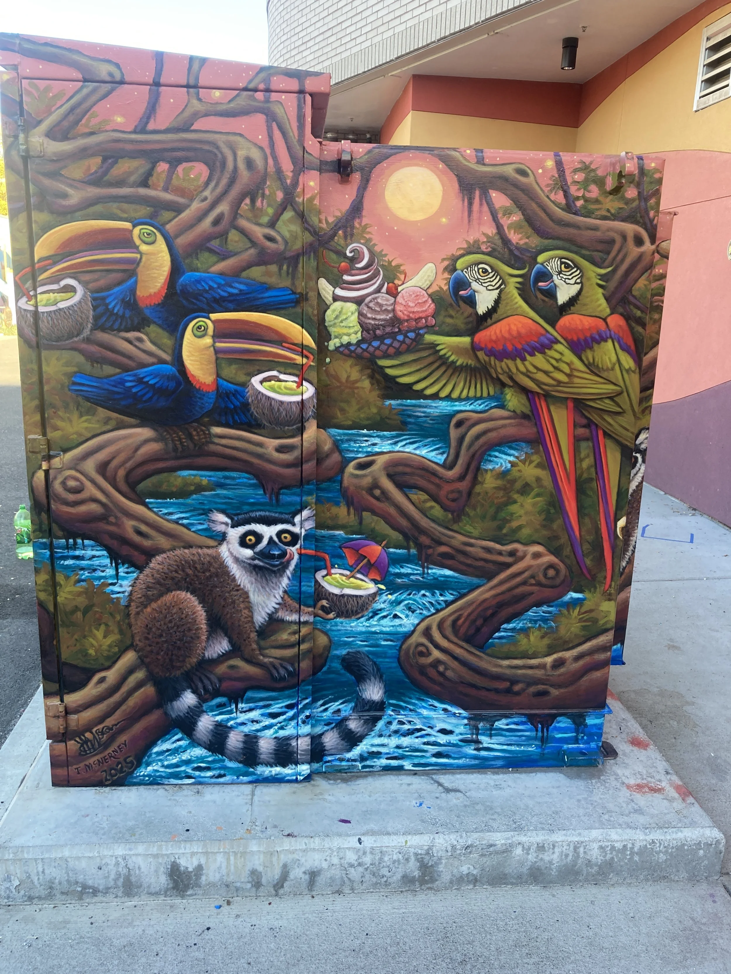 Detail of Parrot Party, 2025, exterior paint on metal transformer, painted all 4 sides 5' x 6', located in Old Town Fort Collins, commissioned by the City of Fort Collins Art in Public Places