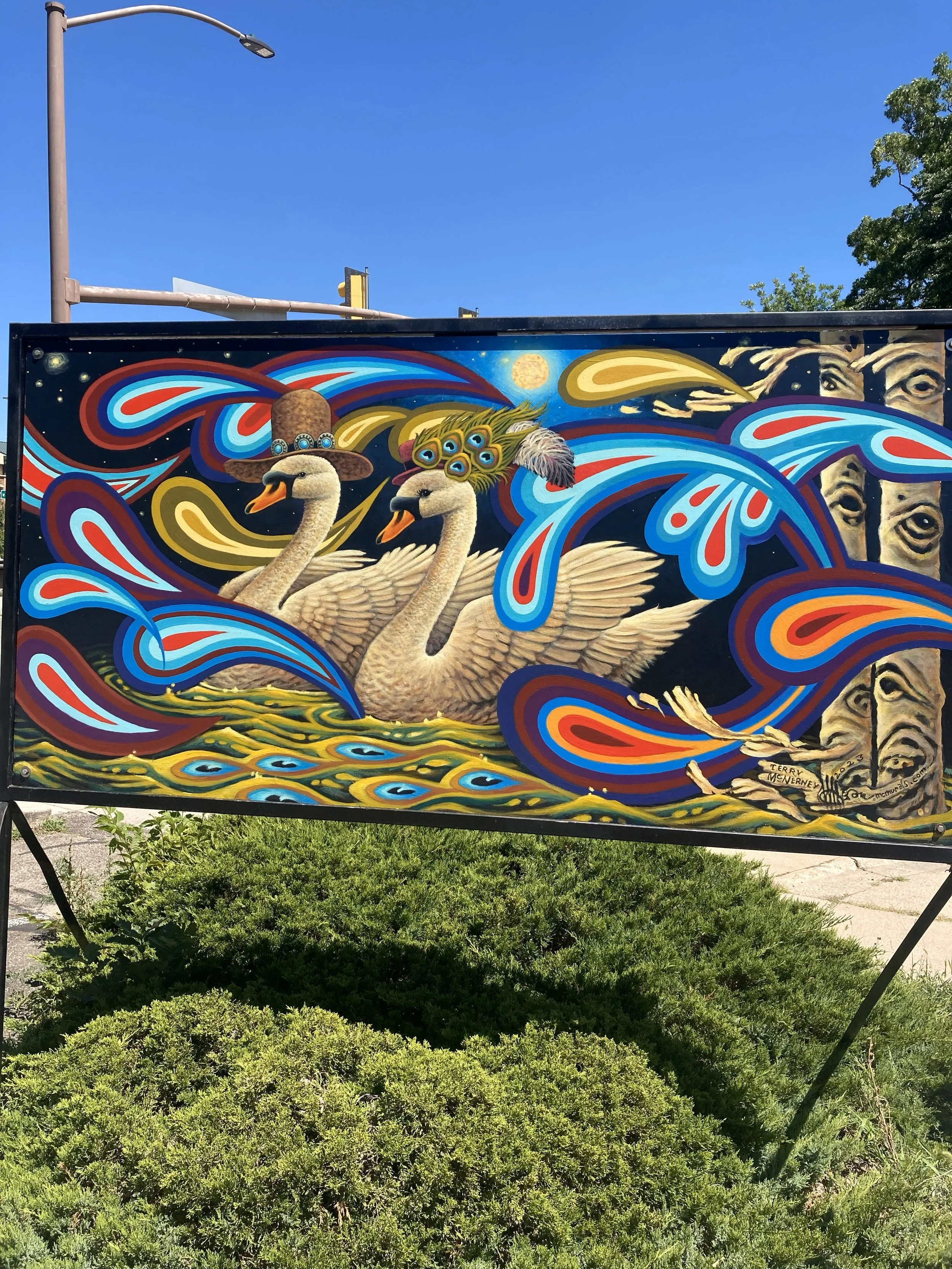 Paisley Swans, 2023, exterior paint on panel, 4' x 8', located in the Steeles Parking Lot, commissioned by Bohemian Co.