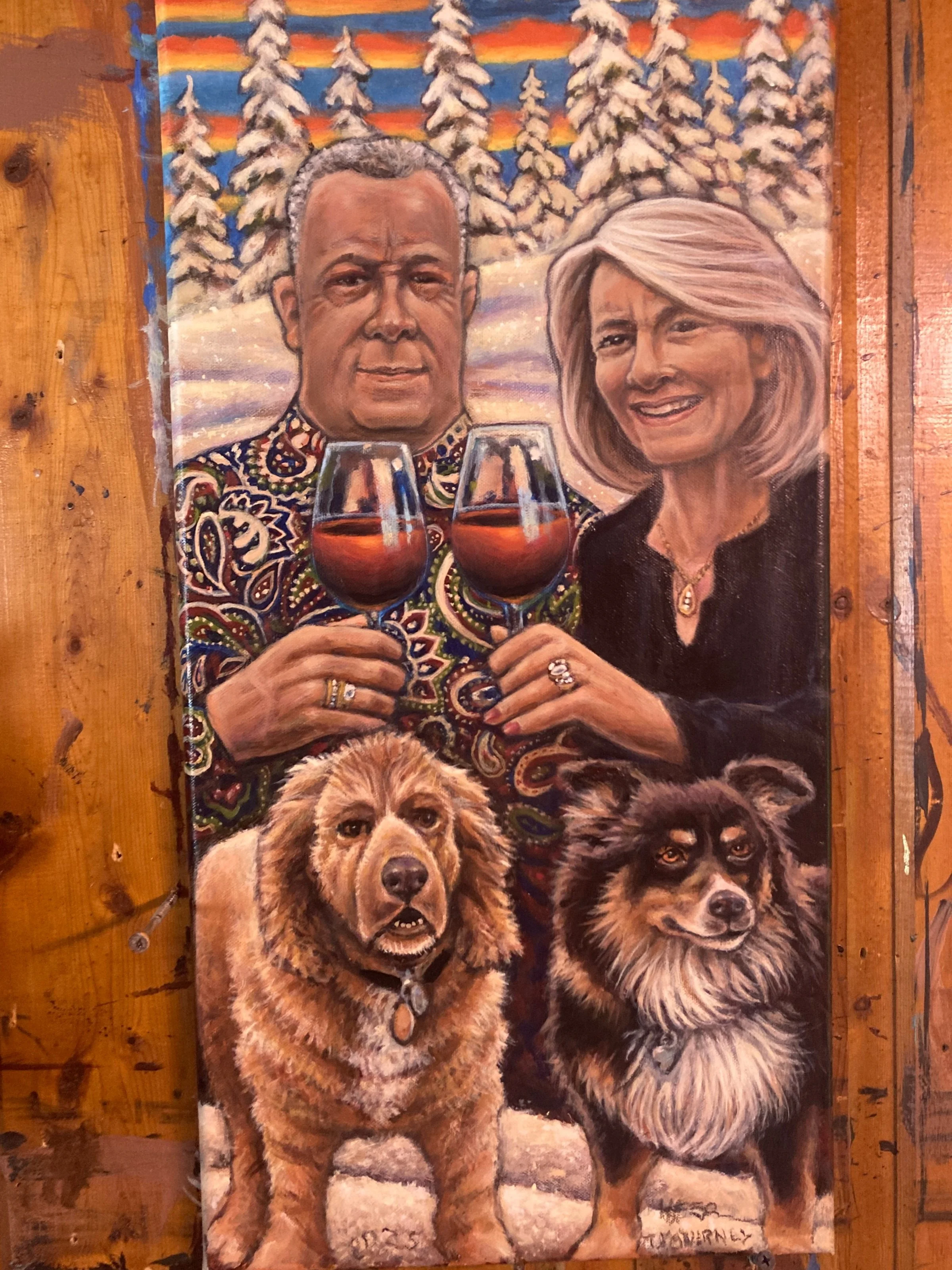 A painted portrait of an older couple holding glasses of red wine outdoors, with a snowy landscape of pine trees and a sunset in the background. Two dogs, one golden and one black and brown, sit in front of them on a stone path.