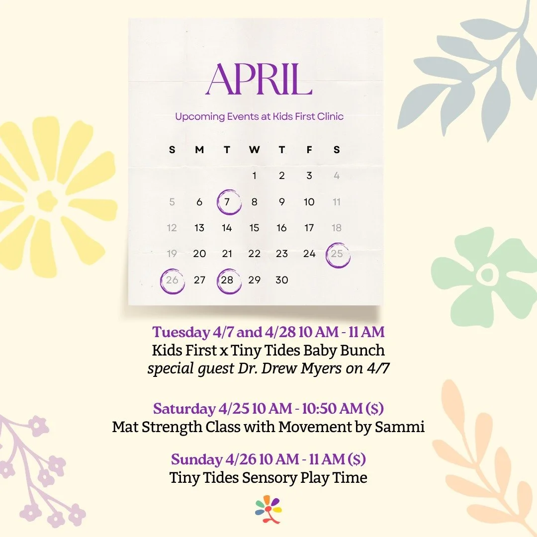 Lots happening in the clinic this April including our usual Baby Bunch group with @tinytidestherapy and a mom-focused workout class with @movementbysammi! 

@tinytidestherapy will also be hosting a sensory play group on Sunday 4/26 for all our mover 