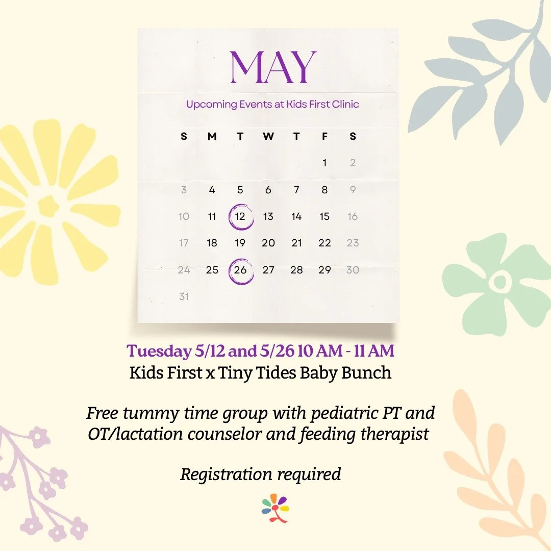 May events calendar is here! Join me and @tinytidestherapy on Tuesday 5/12 and 5/26 at the clinic with your baby to chat about all things milestones and feeding! 

We're busy ramping up our therapy services and adding on providers to meet the needs o