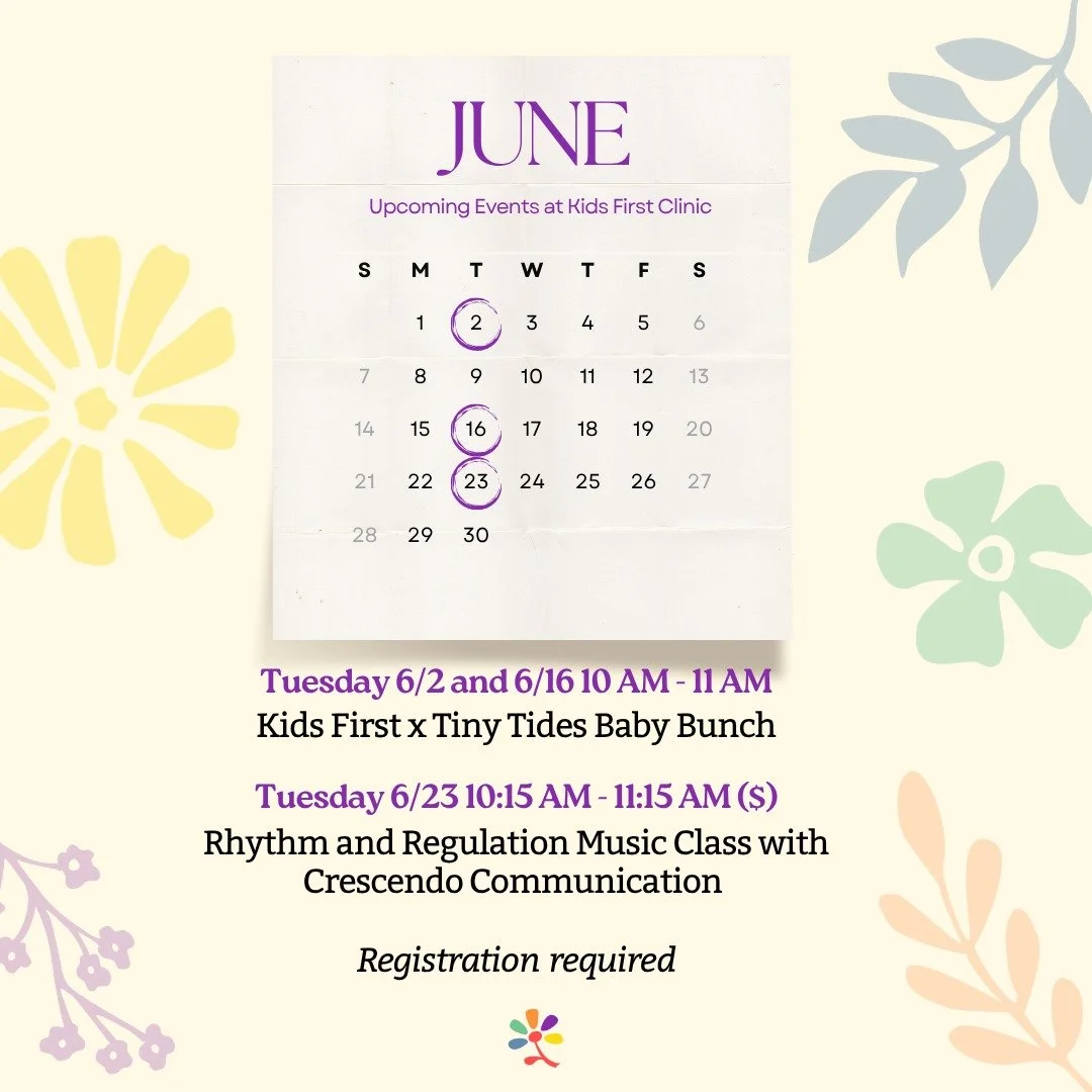 New month means new calendar! 

Our usual tummy time/feeding group with Dr. Erin from @tinytidestherapy will be happening on 6/2 and 6/16 this month. 

We are also SO excited that we will also be hosting speech therapist, Ms. Corinne from @crescendo.