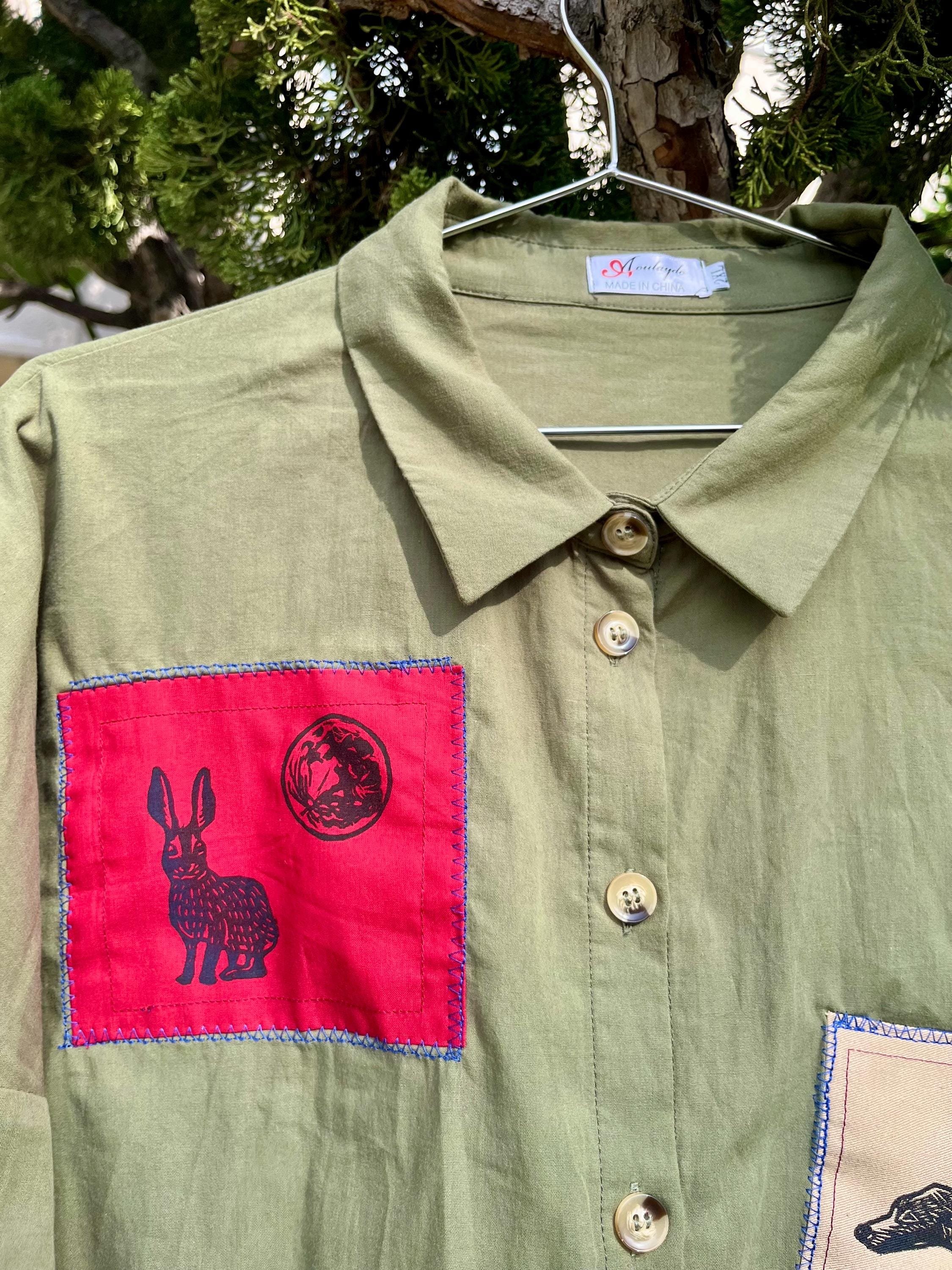 Hand Block Printed Cotton Button Down: Dog and Bunny Patches, Size XXL