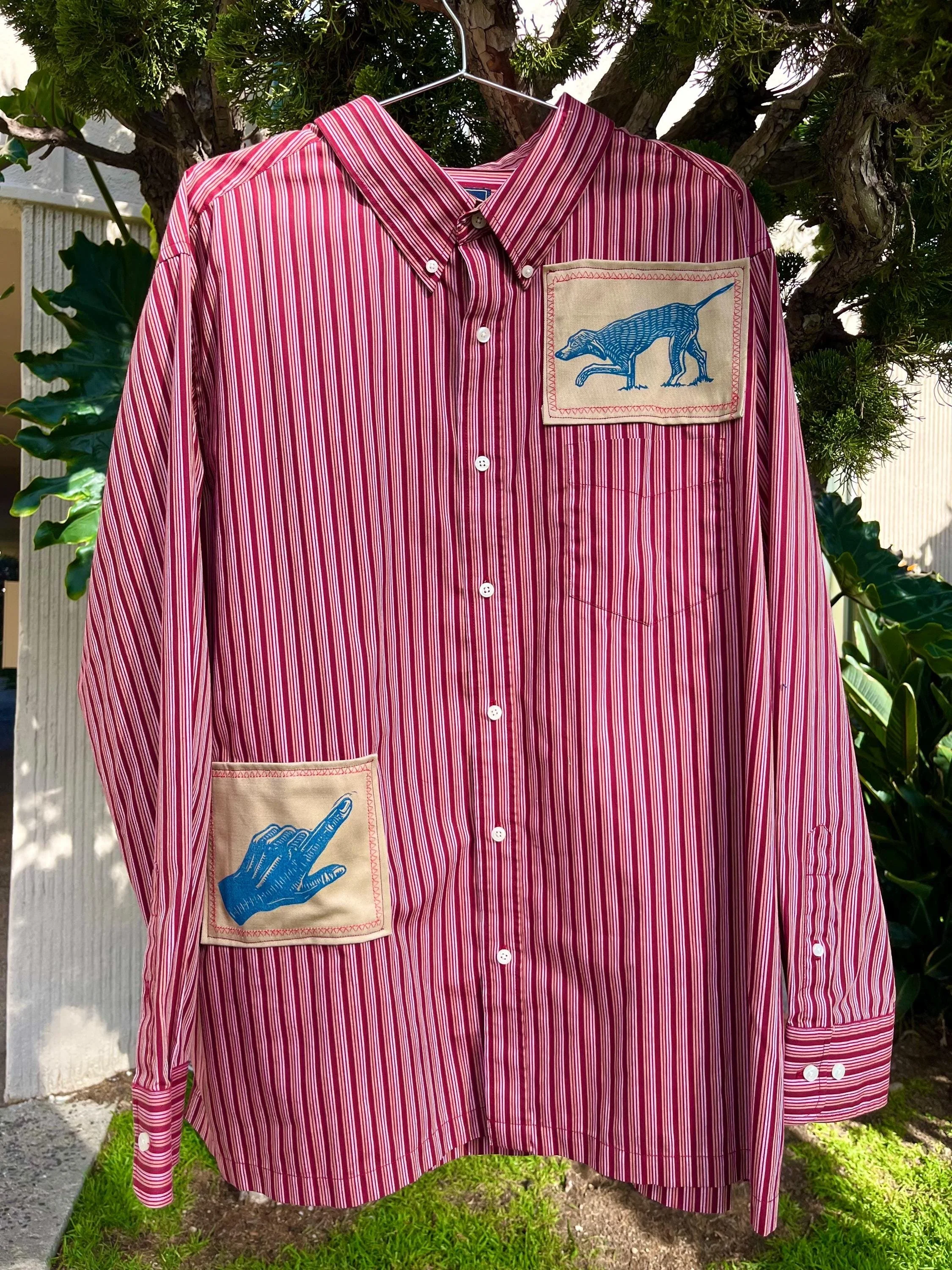 Hand Block Printed Cotton Button Down: Dog Patches, Size XXL