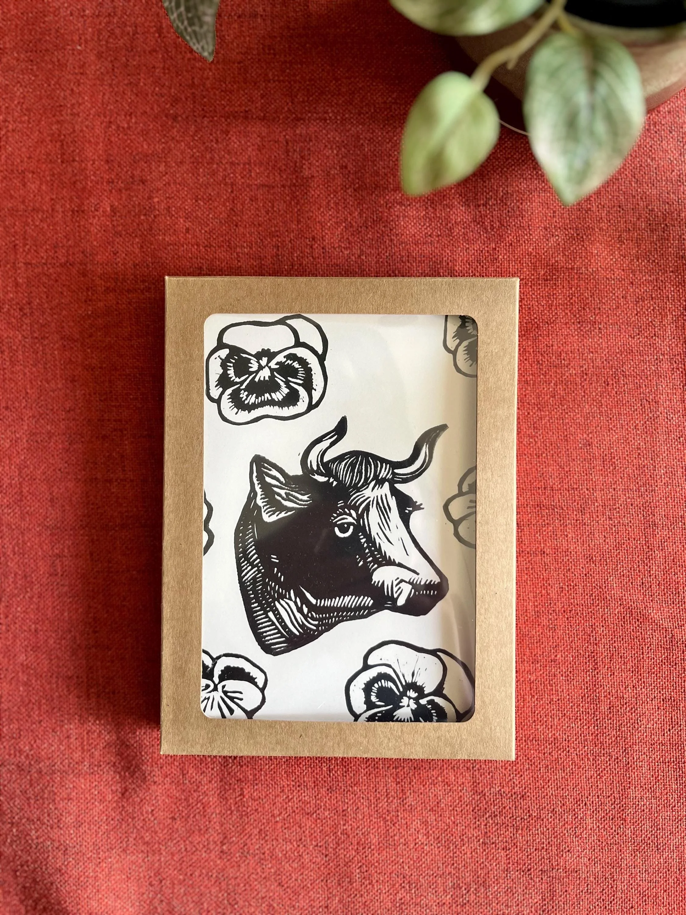 Handmade Block Print Greeting Card: Flower Cow Design